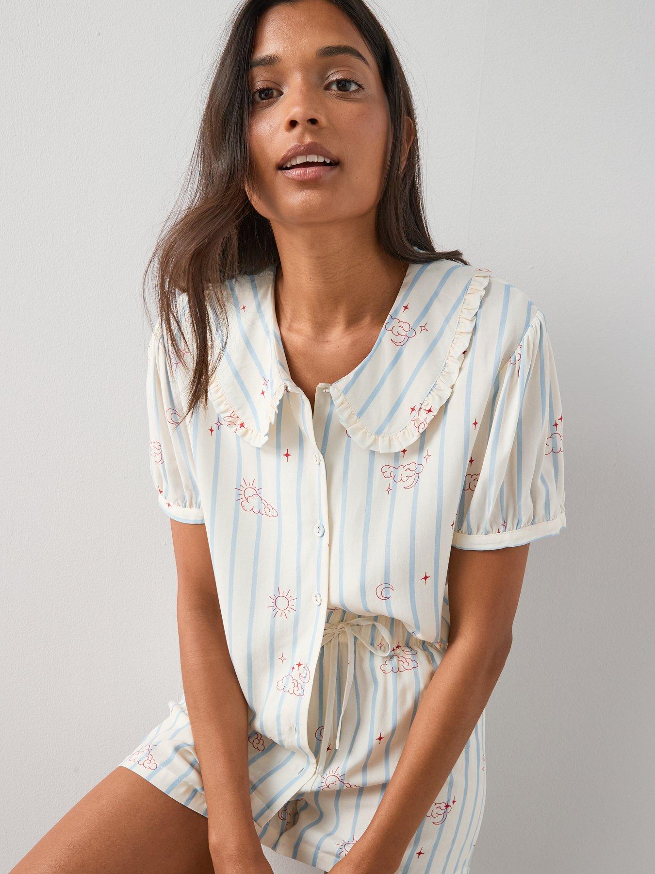 The Very Collection Frill Collar Printed Woven Pyjama Set - White | Very