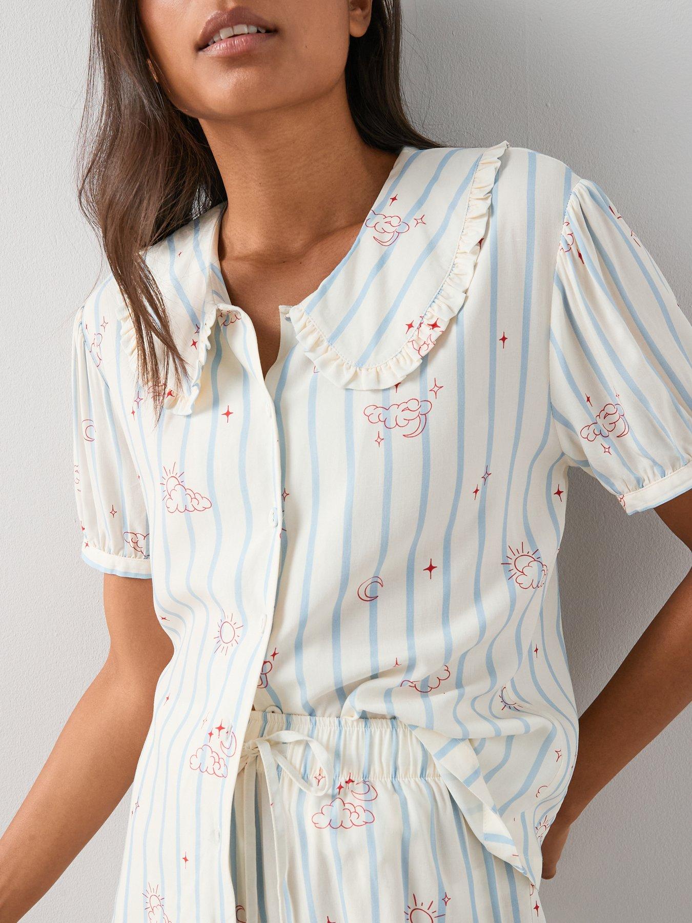 The Very Collection Frill Collar Printed Woven Pyjama Set - White | Very