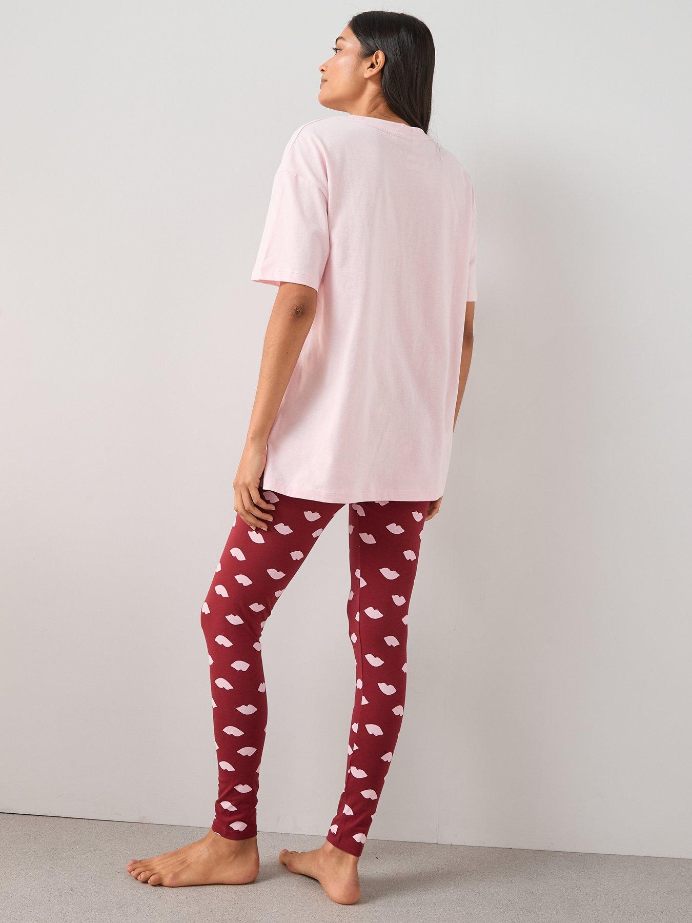 Image 2 of 6 of The Very Collection Embroidered Lip Longline T-shirt And Legging Pyjama Set - Pink