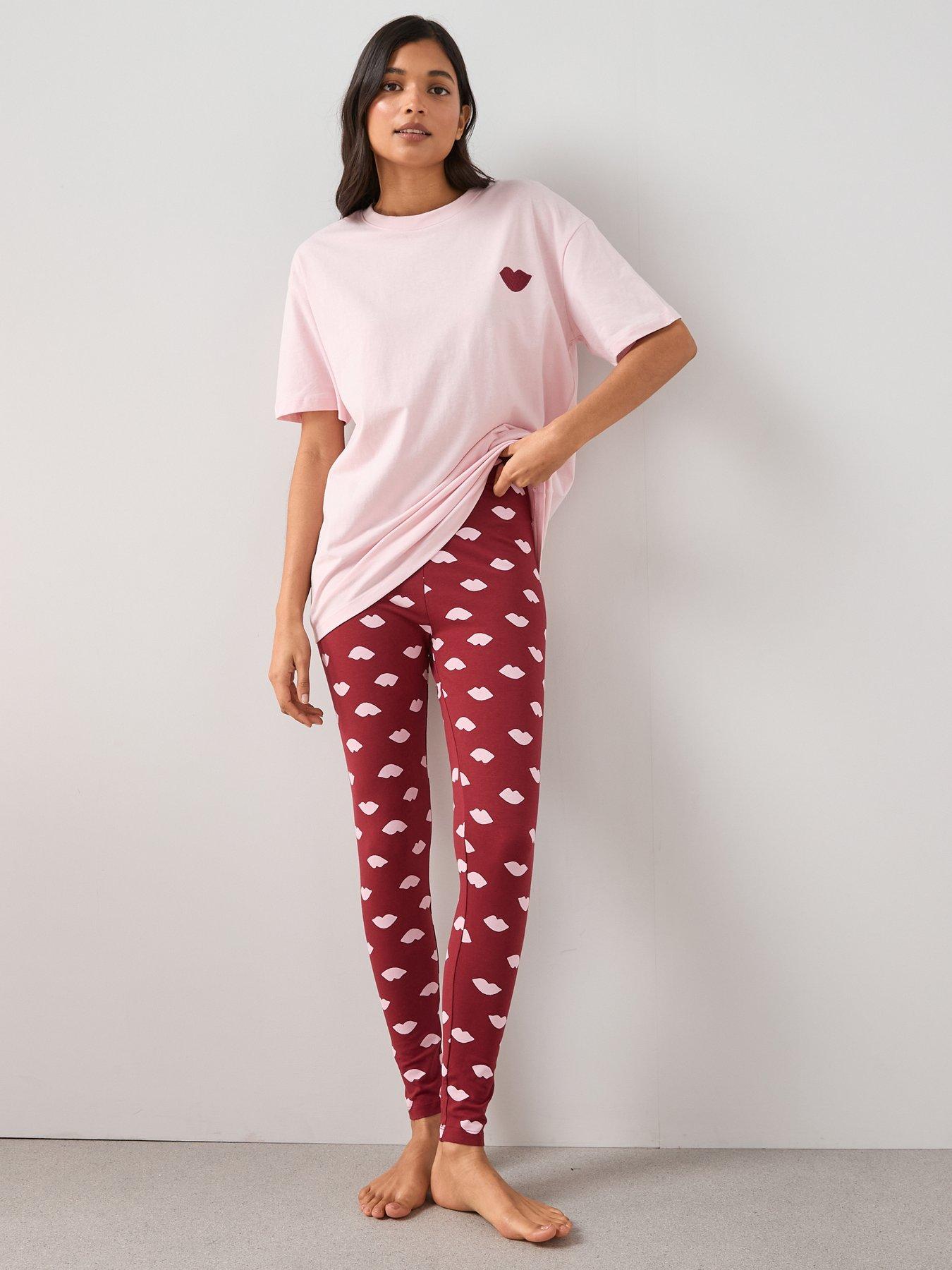 Image 3 of 6 of The Very Collection Embroidered Lip Longline T-shirt And Legging Pyjama Set - Pink