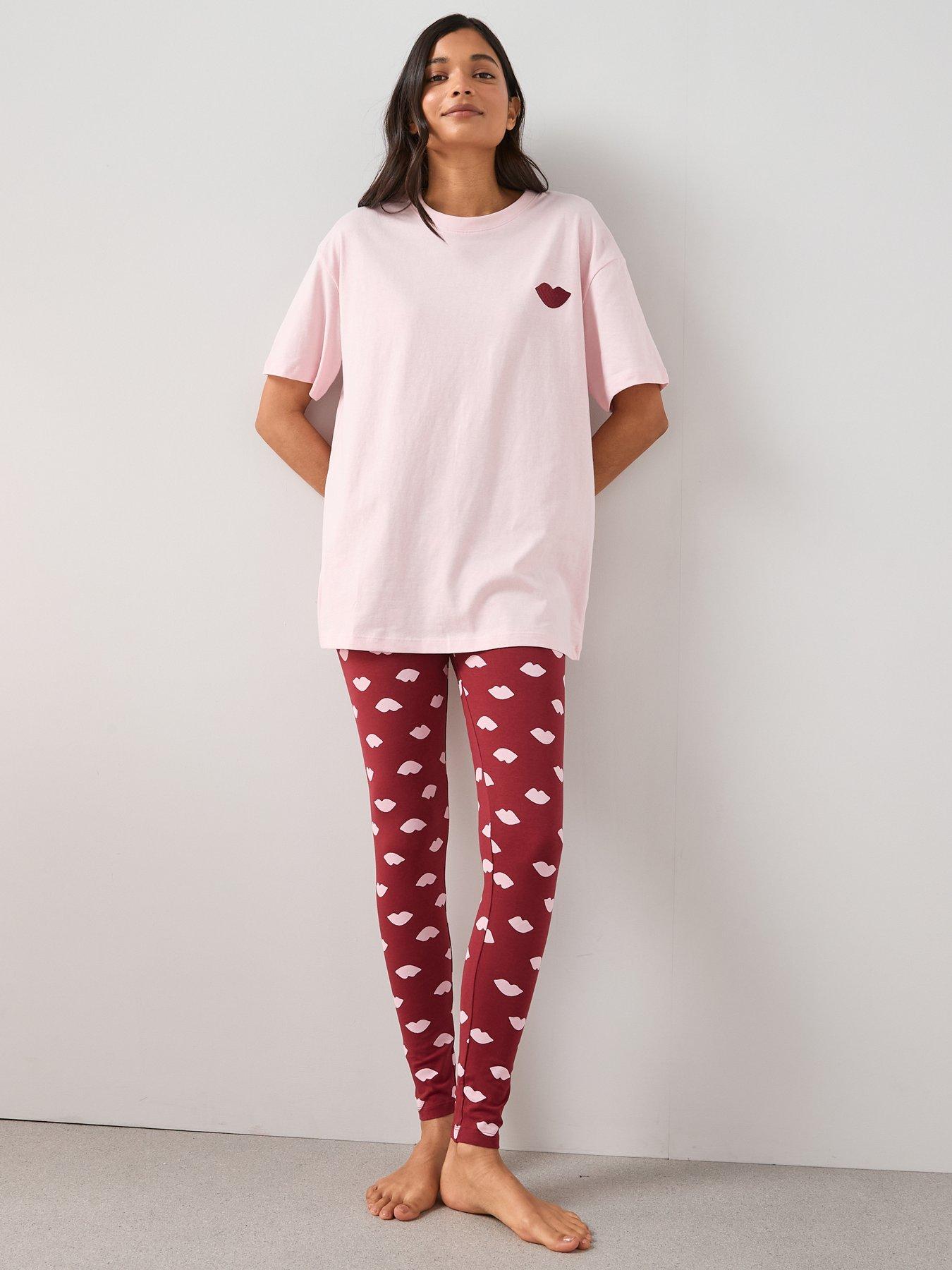 Image 5 of 6 of The Very Collection Embroidered Lip Longline T-shirt And Legging Pyjama Set - Pink