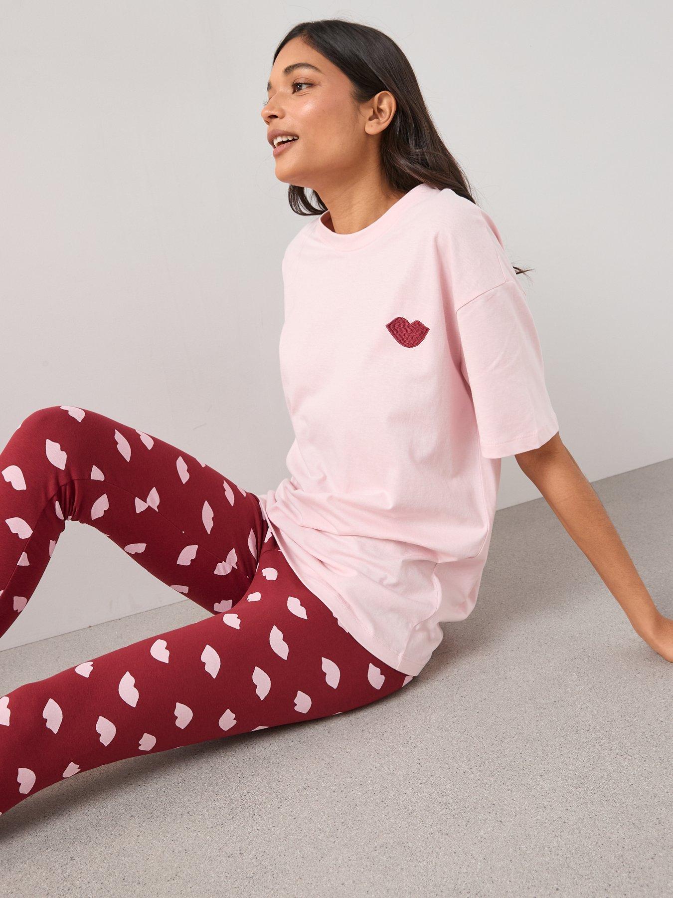 Image 6 of 6 of The Very Collection Embroidered Lip Longline T-shirt And Legging Pyjama Set - Pink