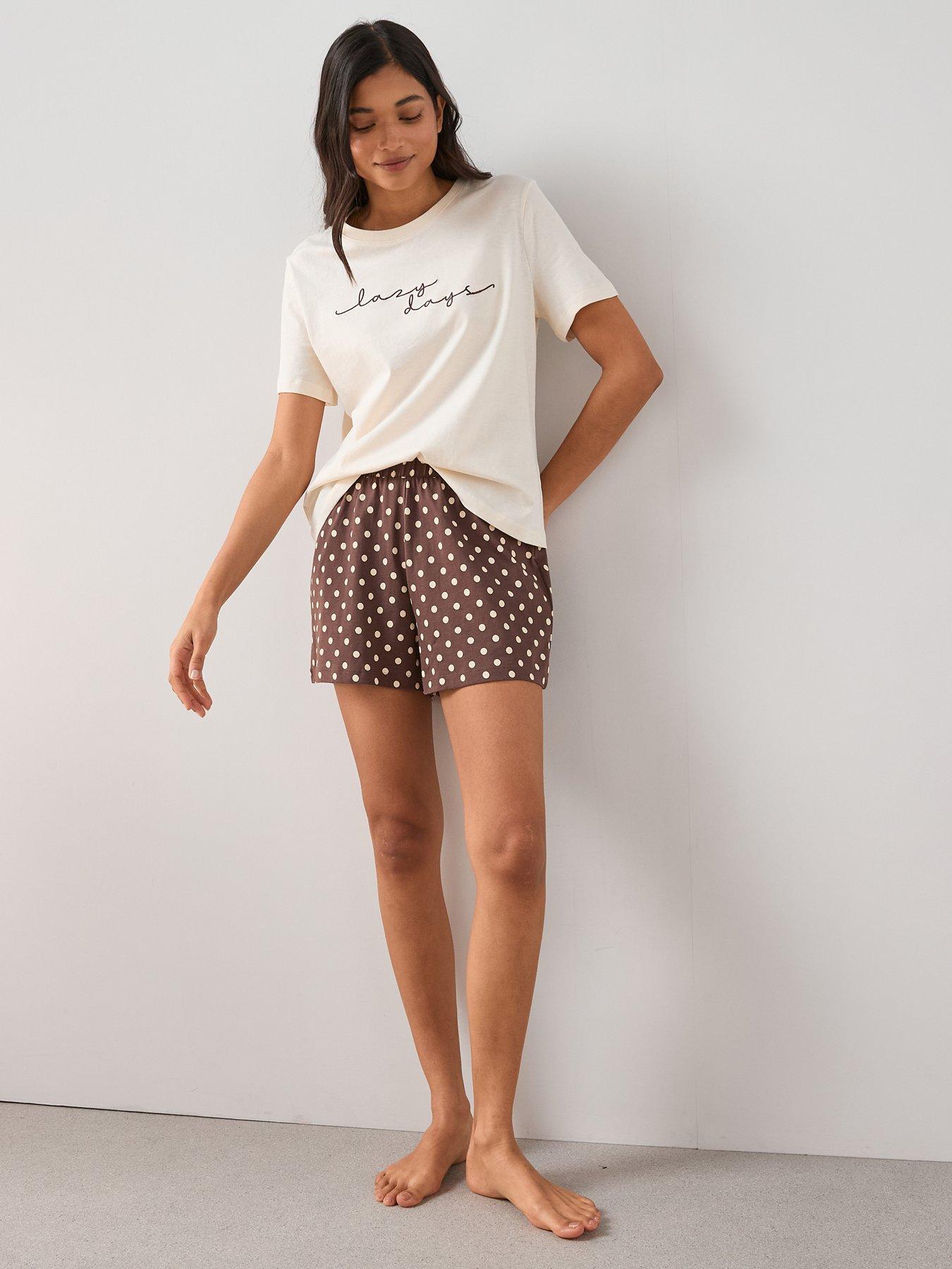 The Very Collection Short Sleeve Lazy Days T-shirt And Polka Dot Short Pyjama Set - Cream