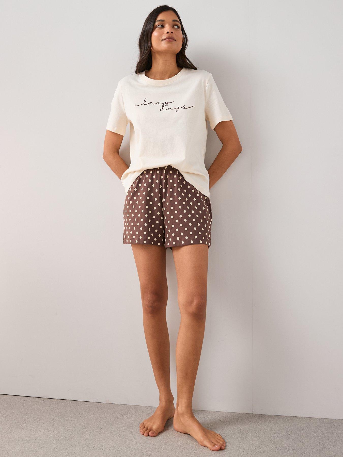 Image 3 of 6 of The Very Collection Short Sleeve Lazy Days T-shirt And Polka Dot Short Pyjama Set - Cream