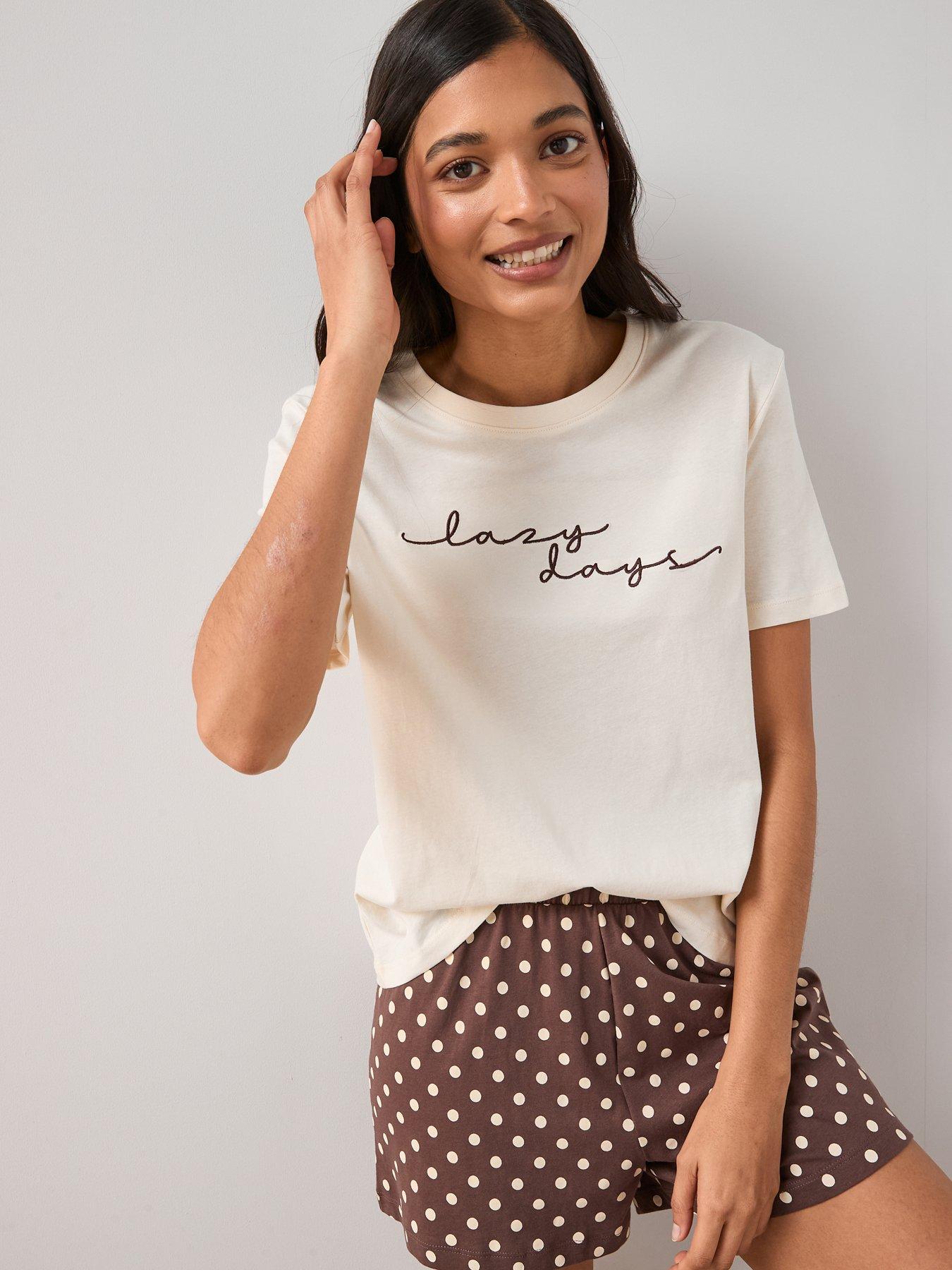 Image 4 of 6 of The Very Collection Short Sleeve Lazy Days T-shirt And Polka Dot Short Pyjama Set - Cream