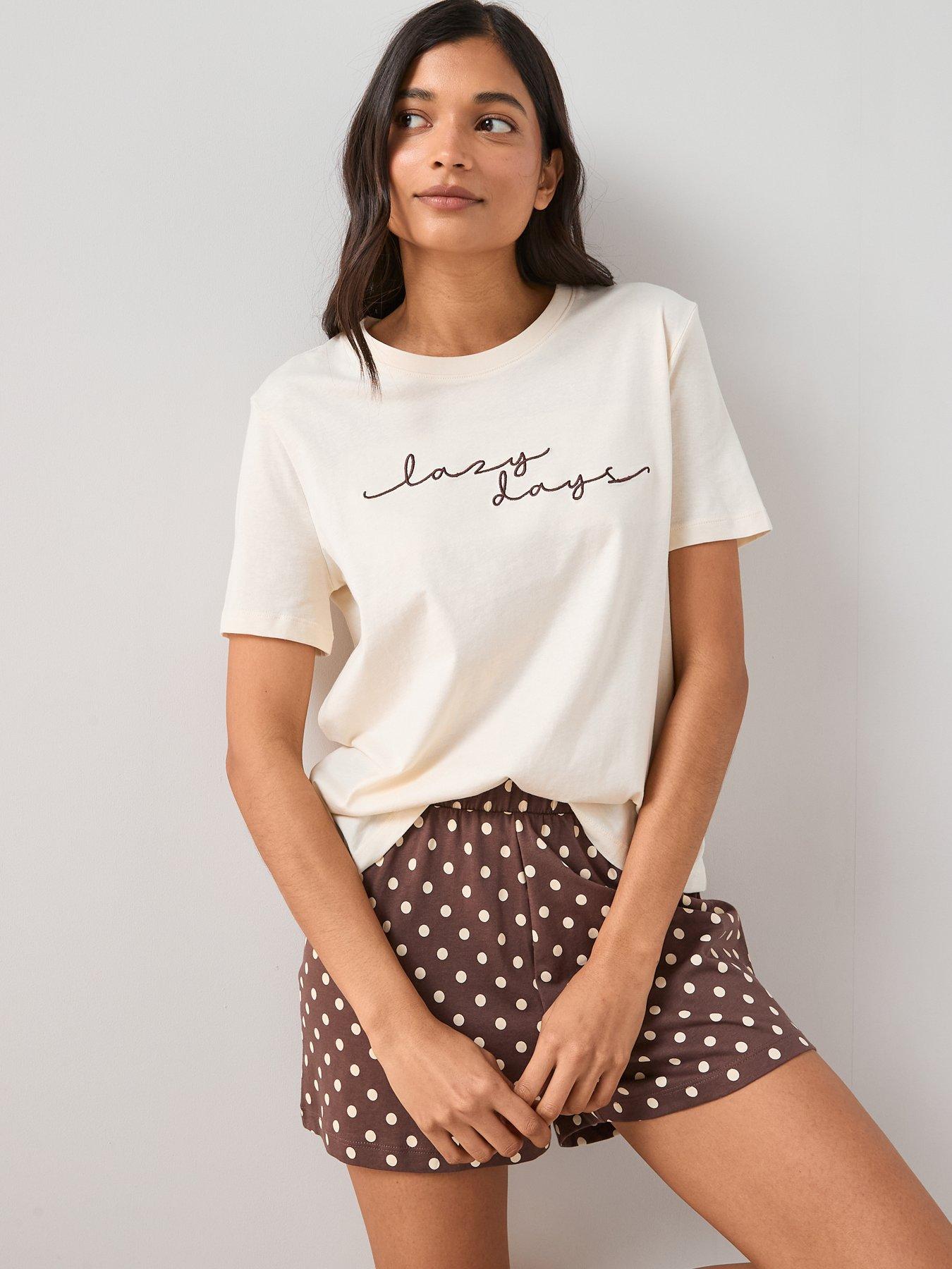 Image 5 of 6 of The Very Collection Short Sleeve Lazy Days T-shirt And Polka Dot Short Pyjama Set - Cream
