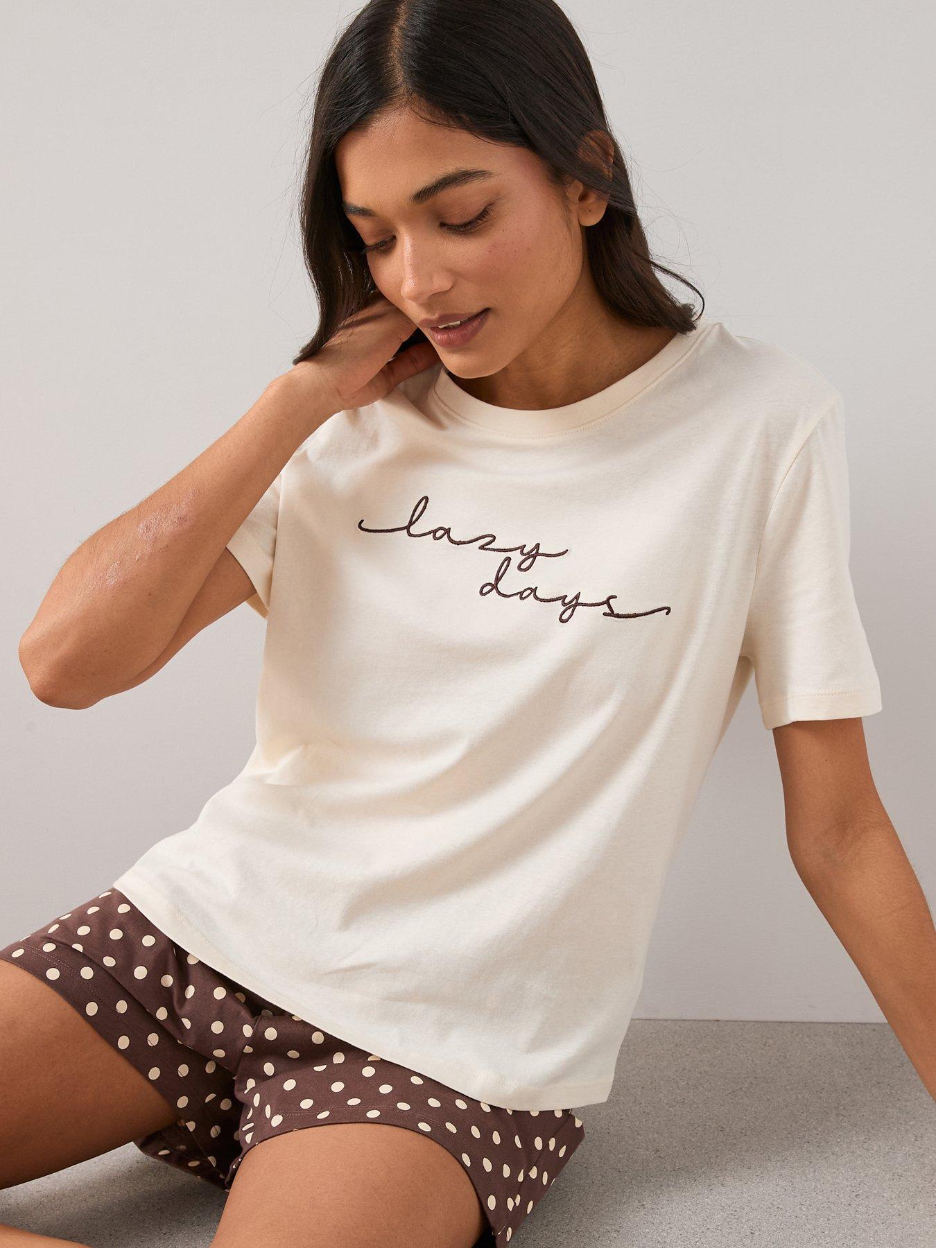 Image 6 of 6 of The Very Collection Short Sleeve Lazy Days T-shirt And Polka Dot Short Pyjama Set - Cream
