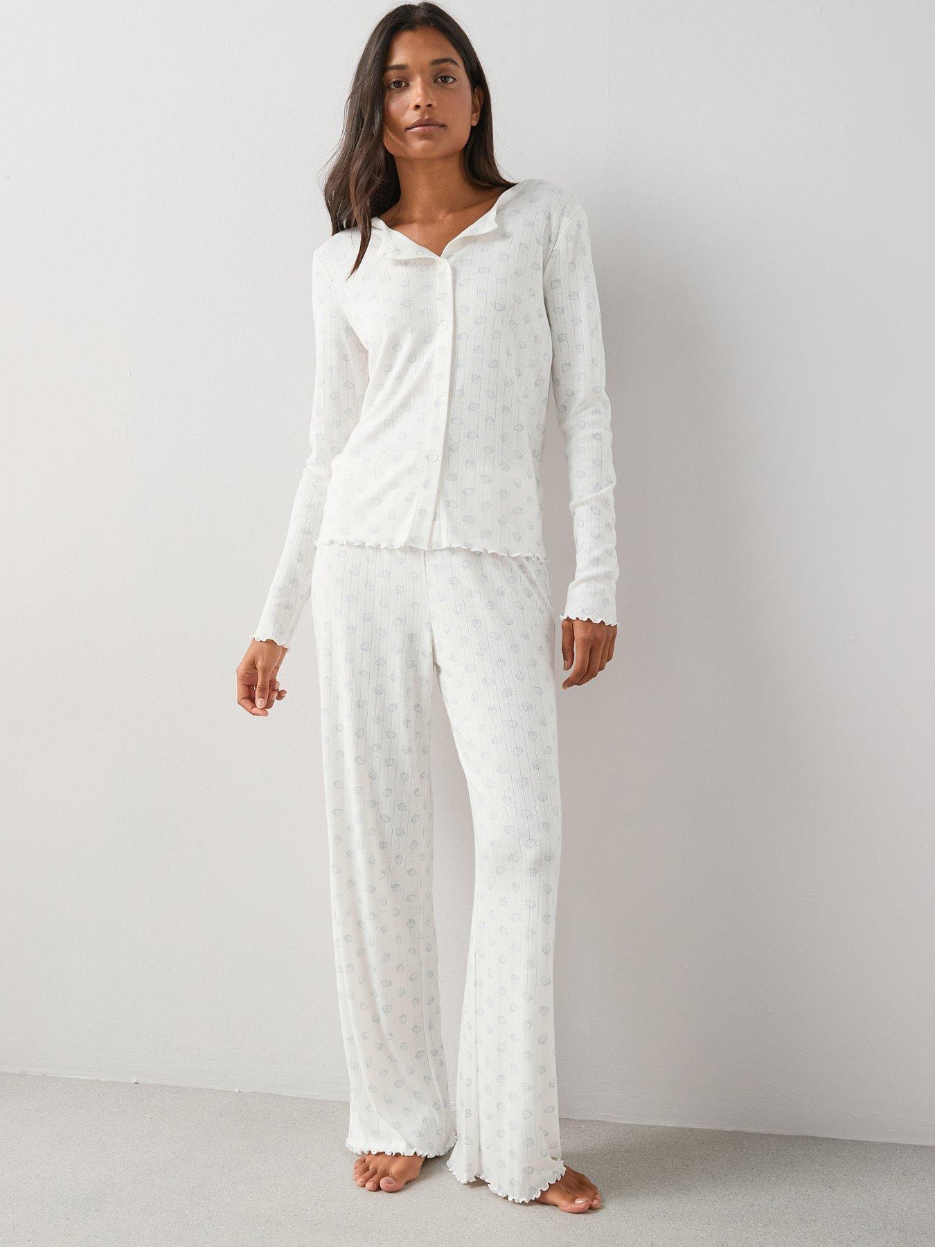 The Very Collection Pointelle Strawberry Print Button Through Top And Wide Leg Pyjama Set - White