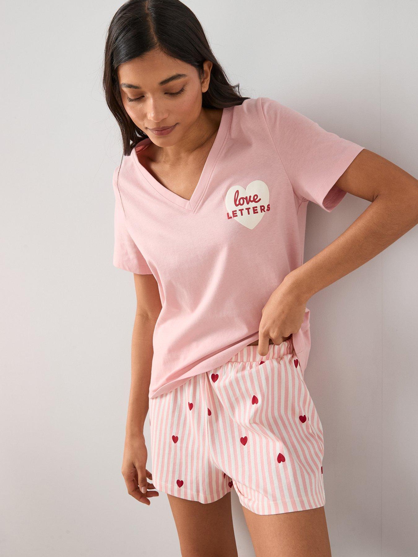 The Very Collection V Neck Heart Love Letters T-shirt And Shorts Pyjama Set - Pink
