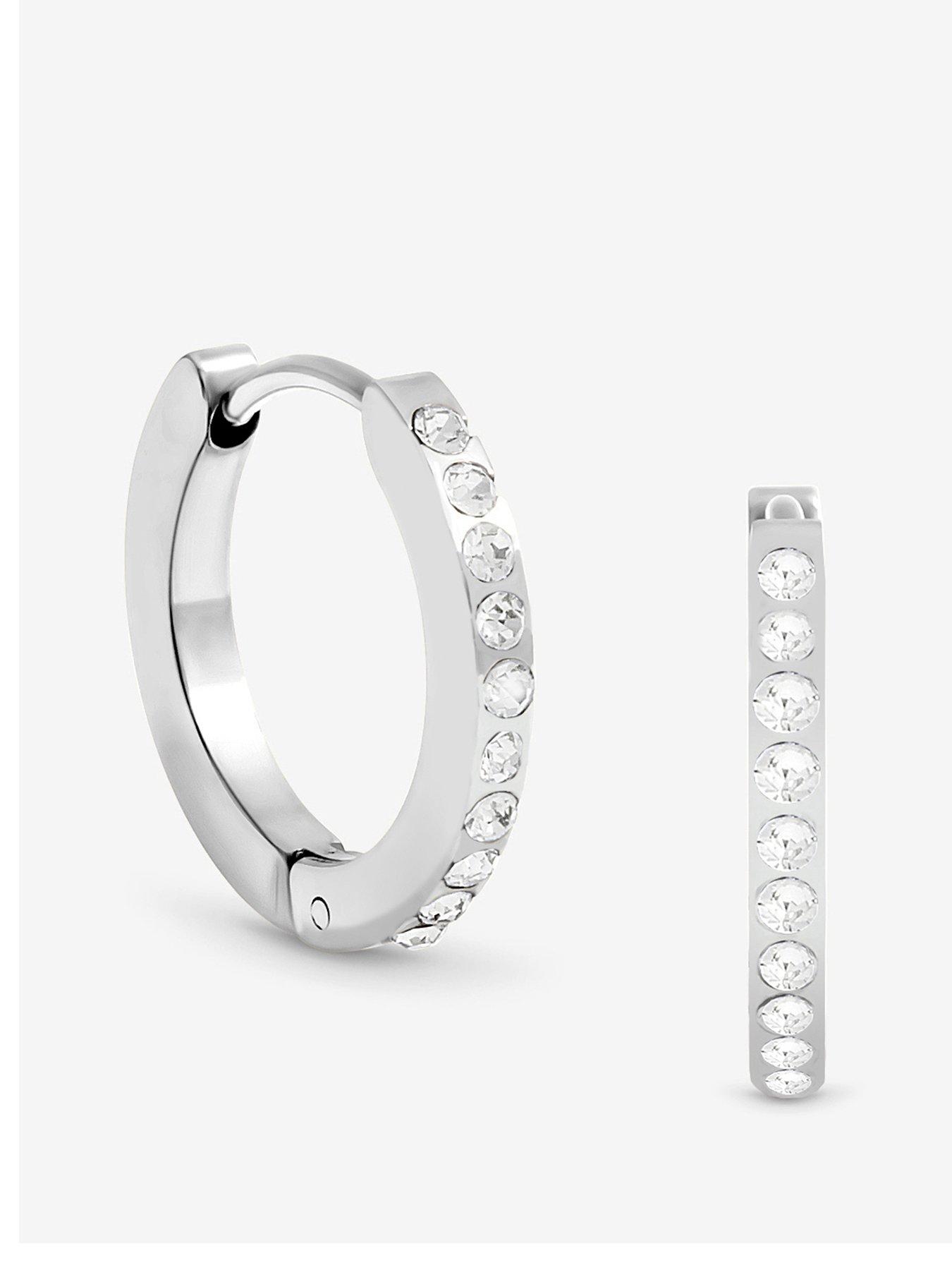 undefined Sterling Plated Stainless Steel Crystal And Polished Huggie Hoop Earrings - Silver
