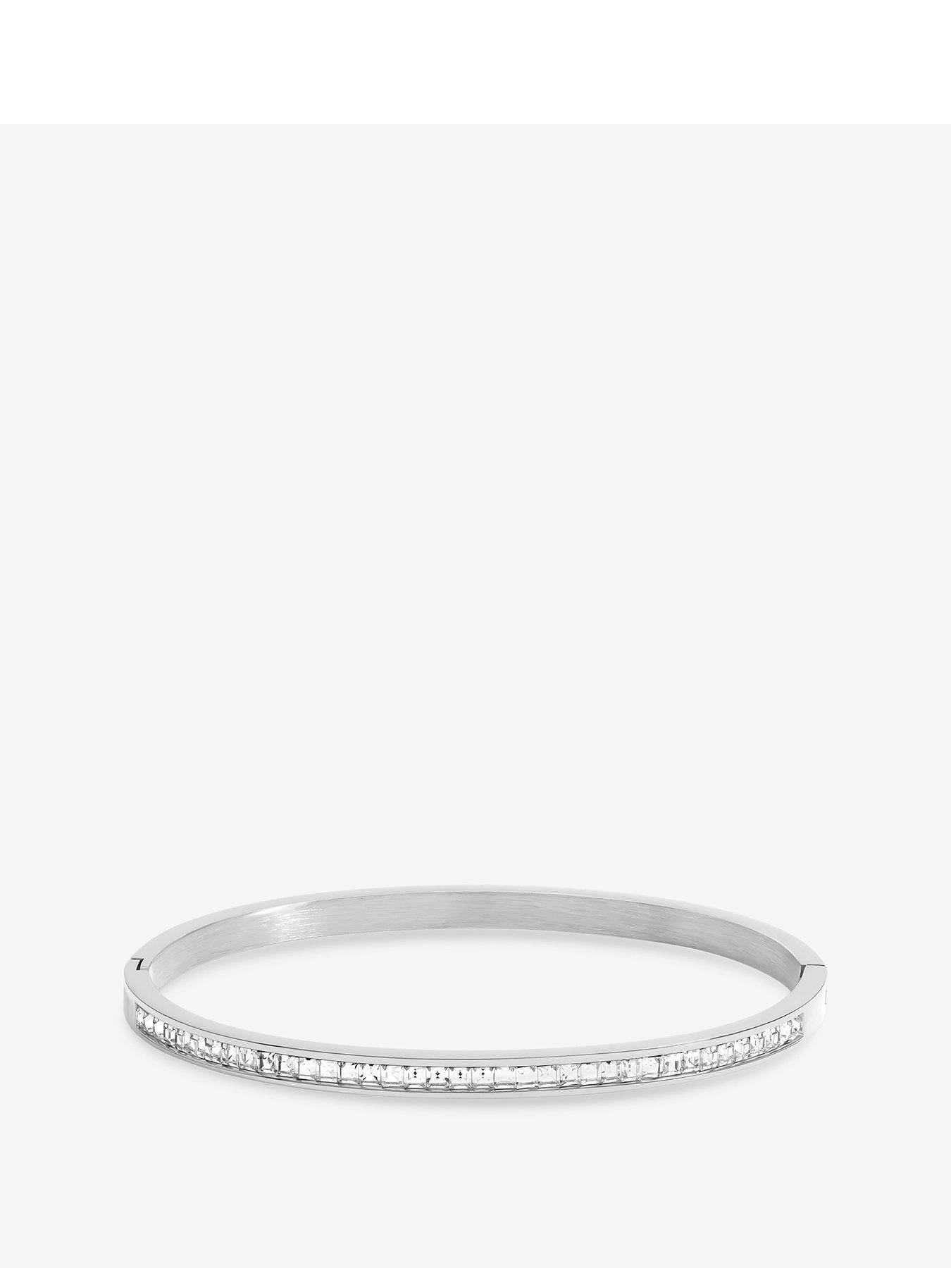 undefined Sterling Plated Stainless Steel Crystal Row Bangle - Silver
