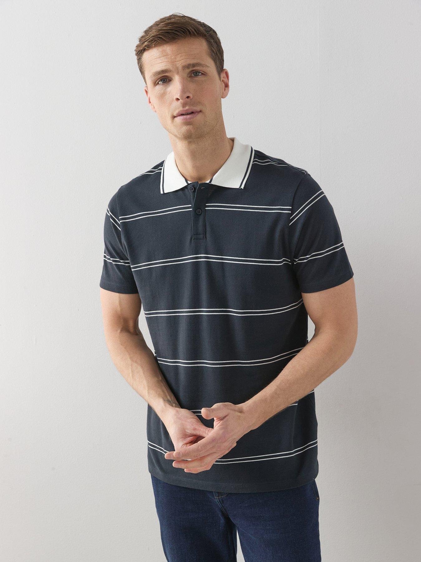 The Very Collection: Pure Cotton Contrast Collar Stripe Short Sleeve Polo - Black
