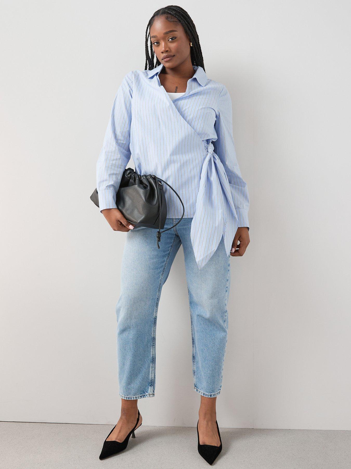 The Very Collection Curve Stripe Cotton Wrap Shirt - Blue