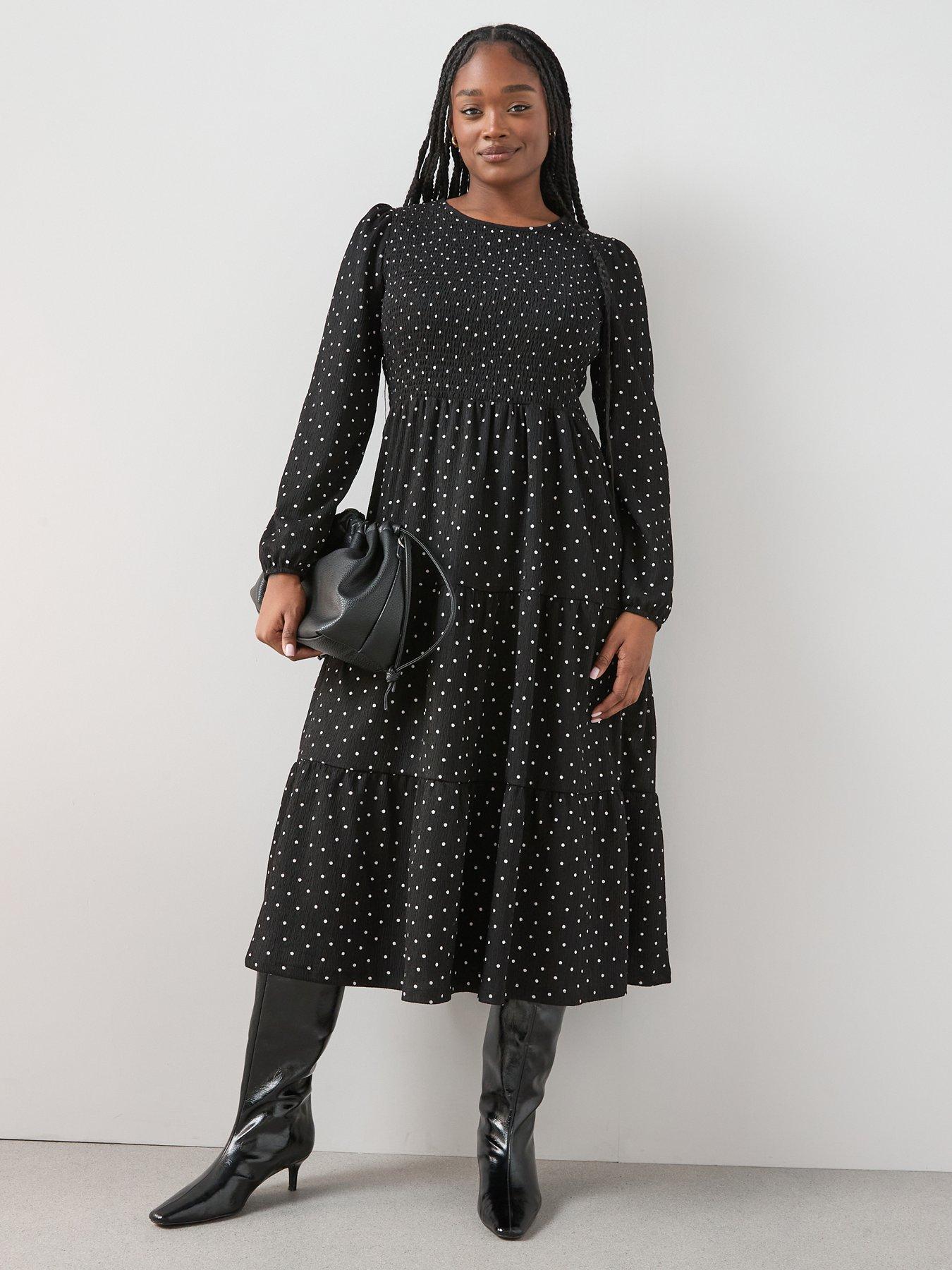 The Very Collection Curve Shirred Bust Stretch Polka Dot Midi Dress - Print