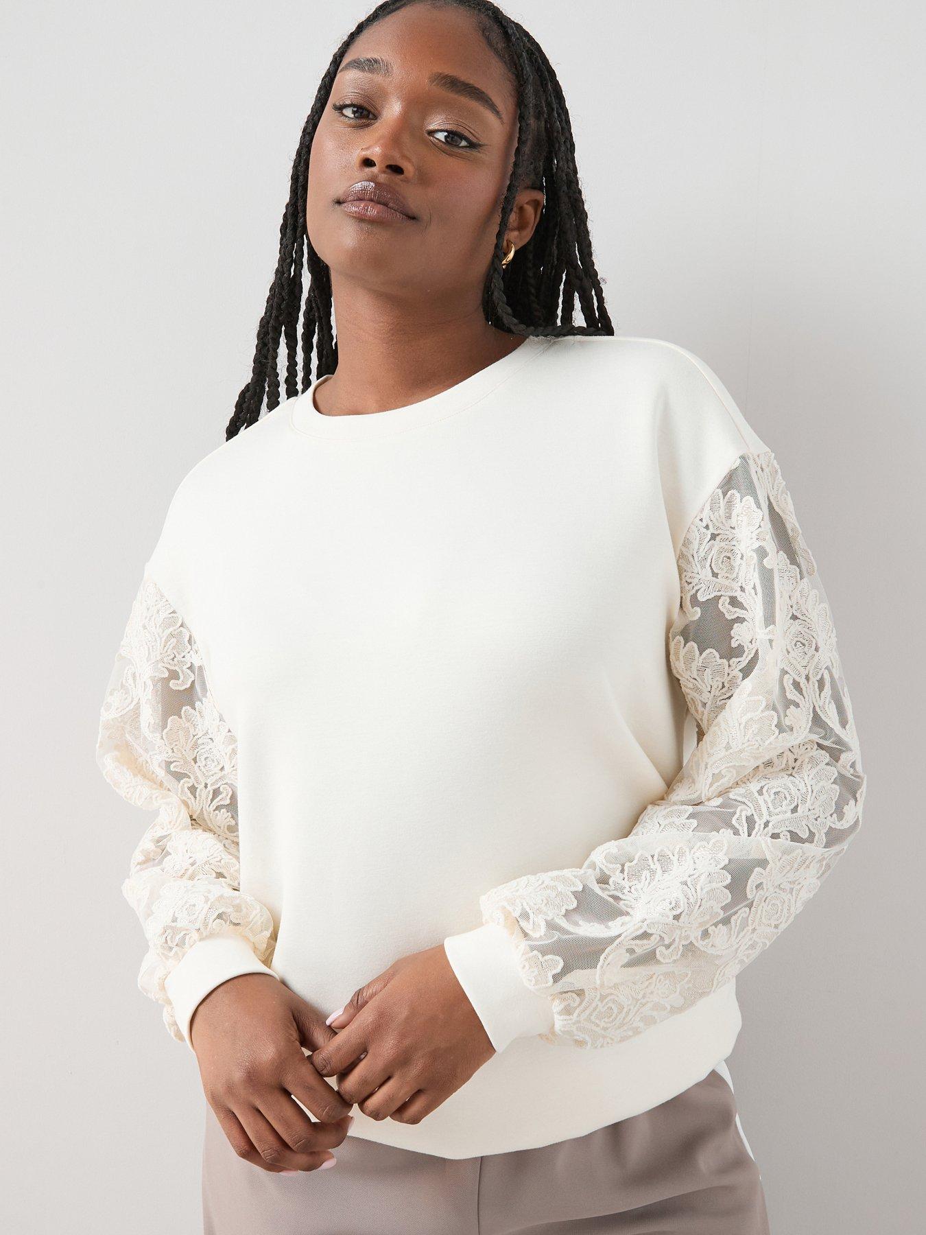 Image 1 of 6 of The Very Collection Curve Lace Sleeve Sweatshirt - Cream