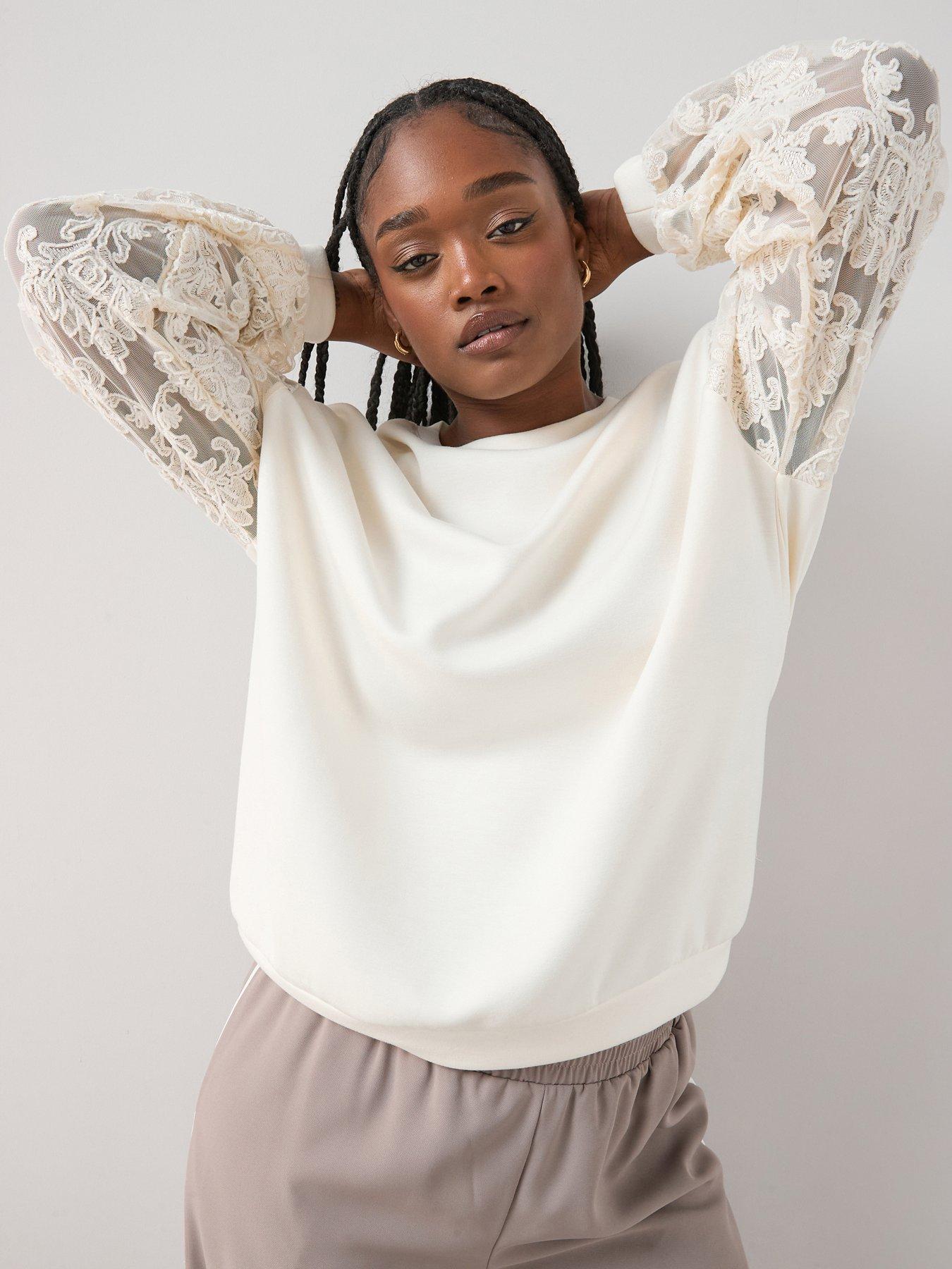 Image 5 of 6 of The Very Collection Curve Lace Sleeve Sweatshirt - Cream
