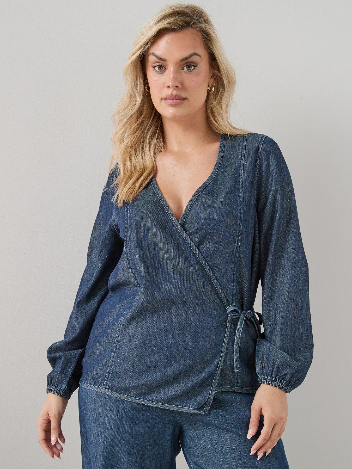 Image 1 of 6 of The Very Collection Curve Soft Denim Wrap Blouse - Dark Wash