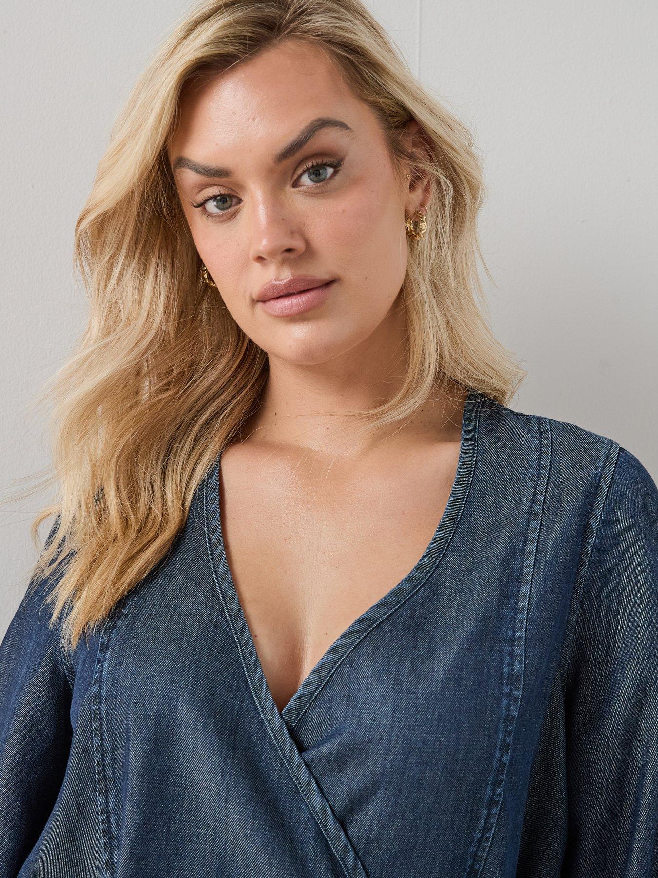 Image 4 of 6 of The Very Collection Curve Soft Denim Wrap Blouse - Dark Wash