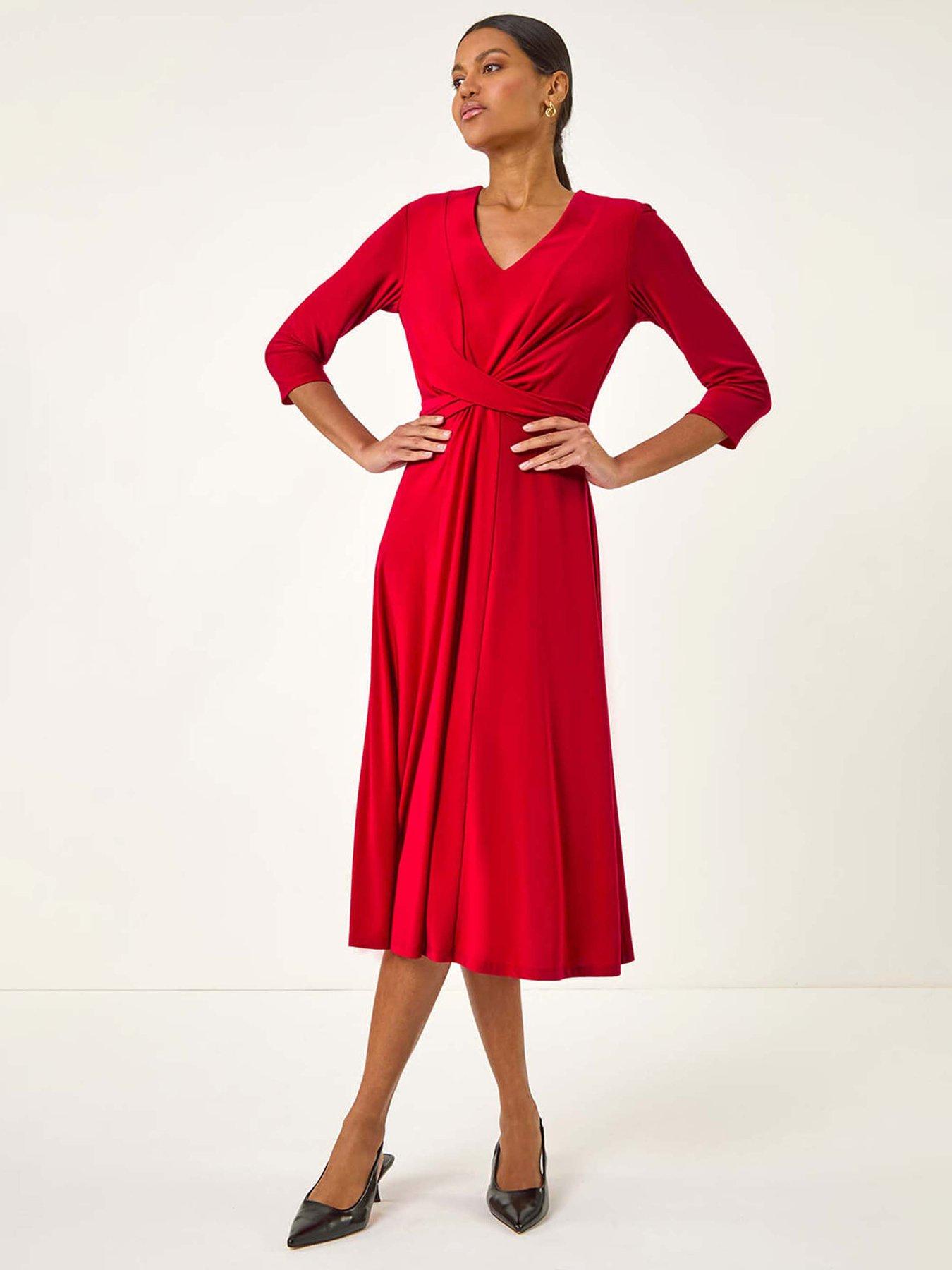 undefined Stretch Crossover Midi Dress - Red