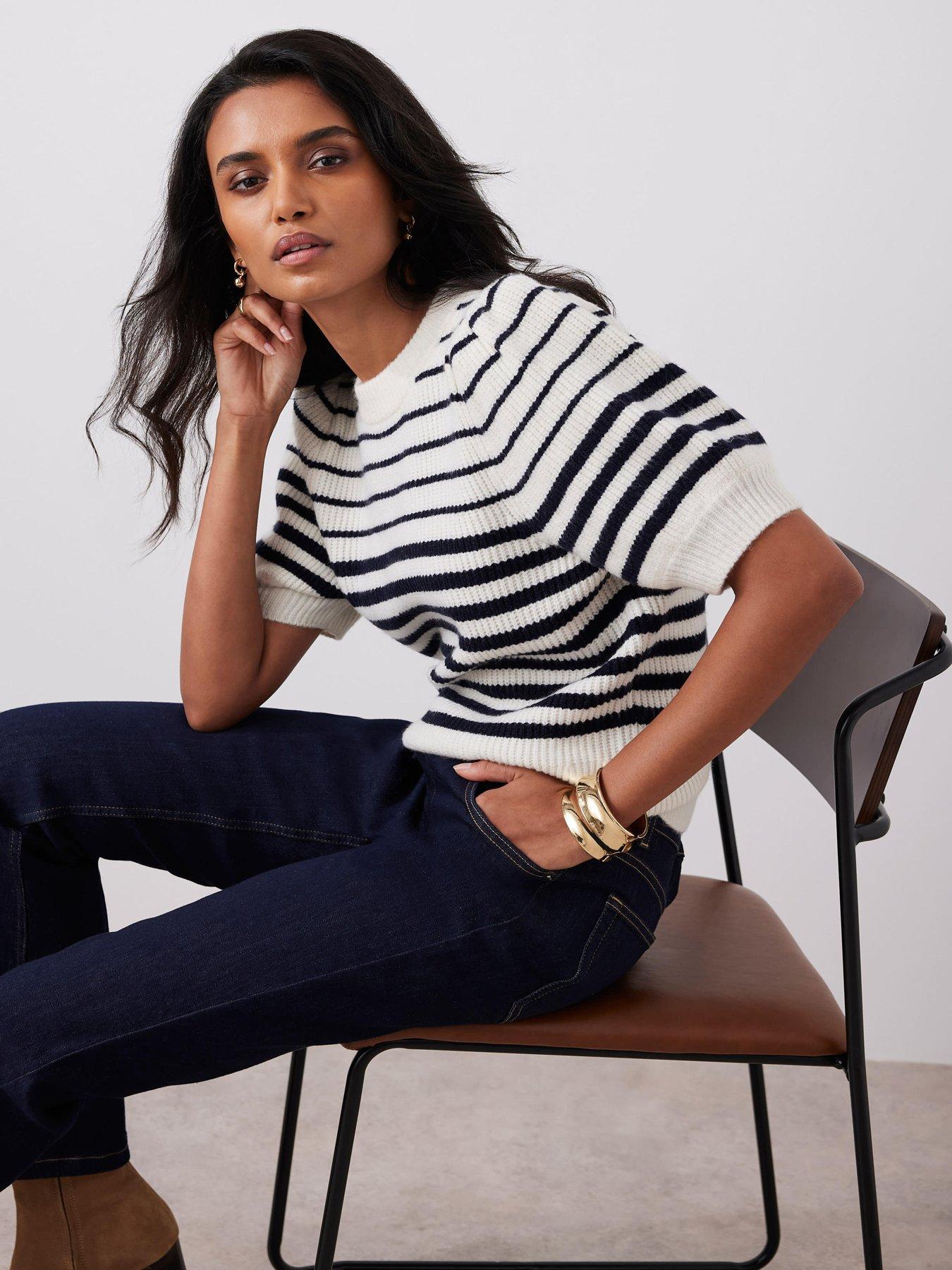 undefined Stripe Puff Sleeve Knit Top - Blue
