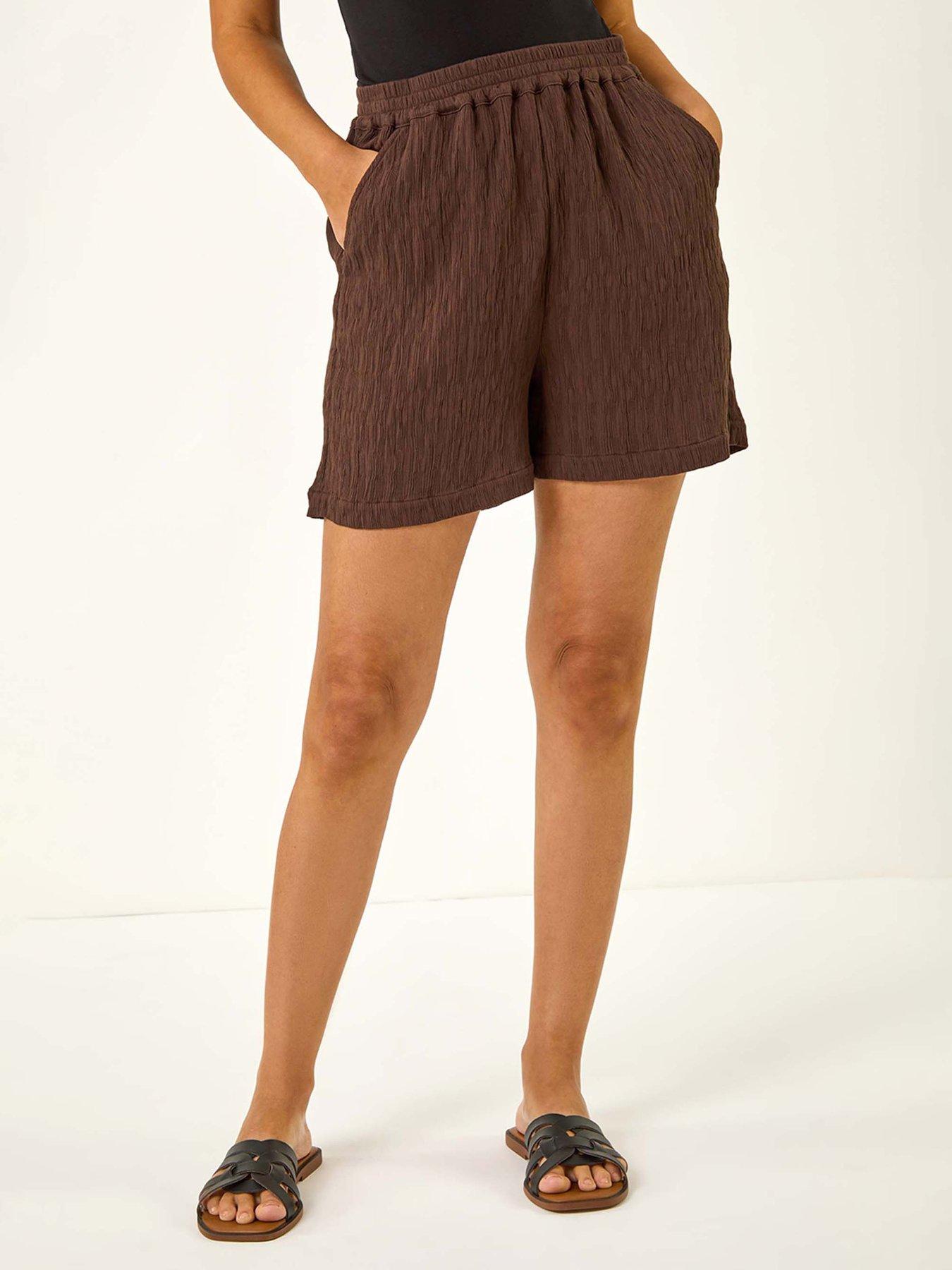 Image 1 of 5 of Roman Textured Elastic Waist Woven Shorts - Brown