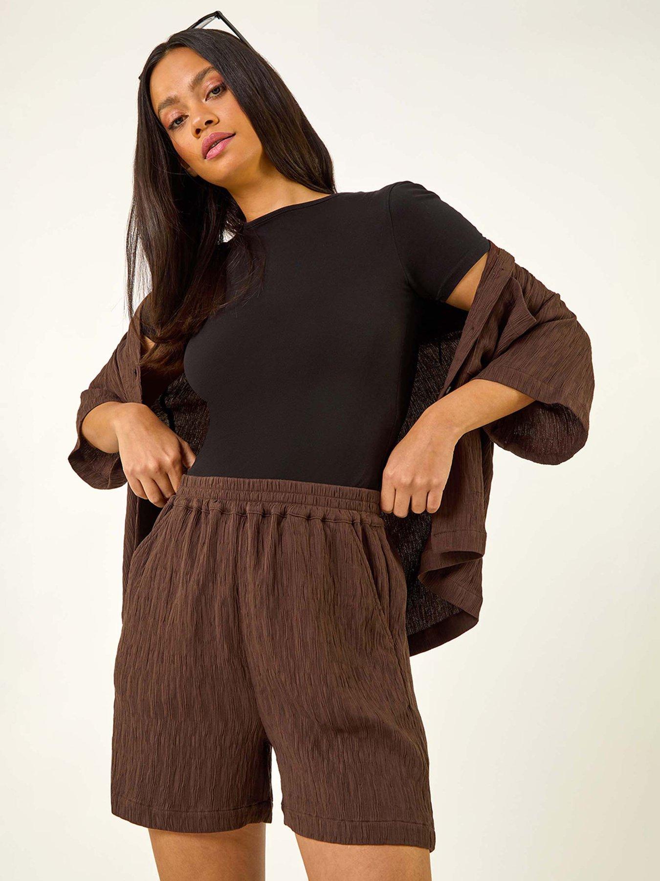 Image 4 of 5 of Roman Textured Elastic Waist Woven Shorts - Brown