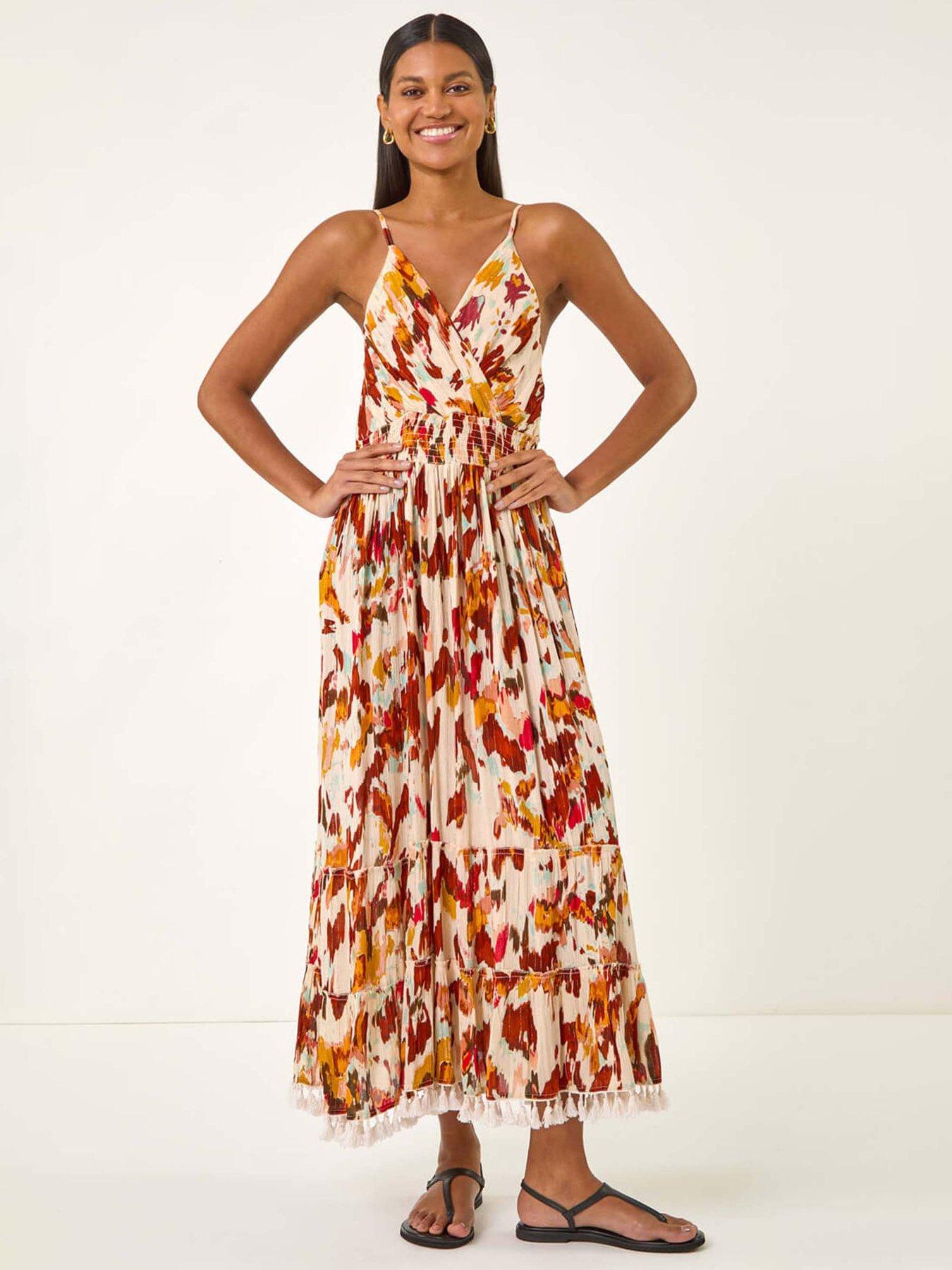undefined Abstract Tassel Trim Maxi Dress - Orange