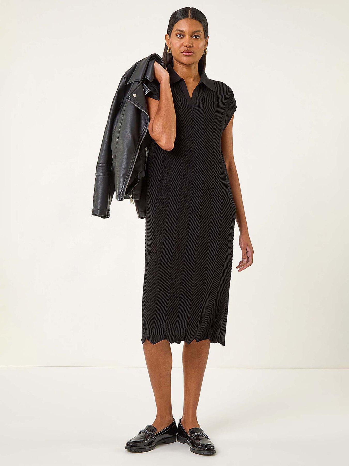 undefined Textured Zig Zag Knit Midi Dress - Black