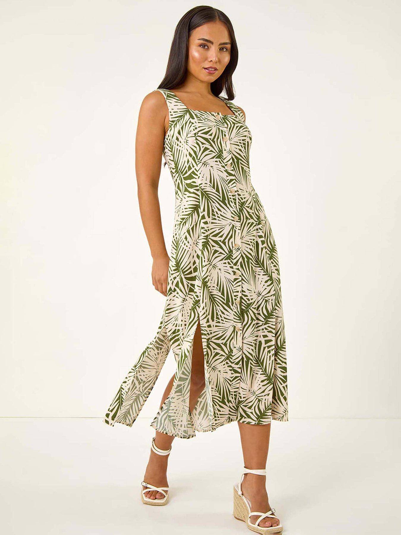 Roman Petite Leaf Print Button Midi Dress - Green