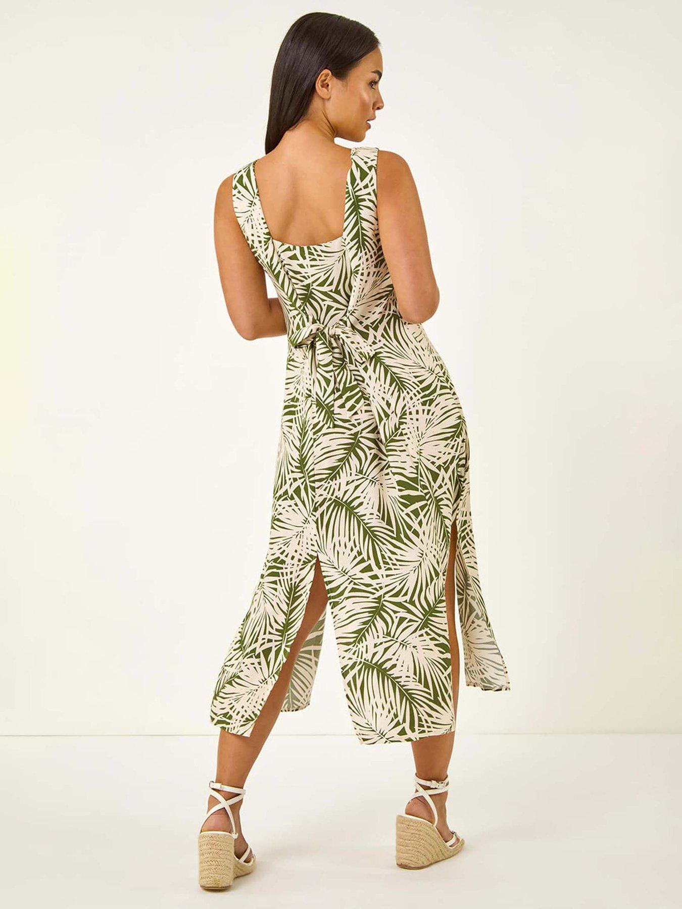 Image 2 of 5 of Roman Petite Leaf Print Button Midi Dress - Green