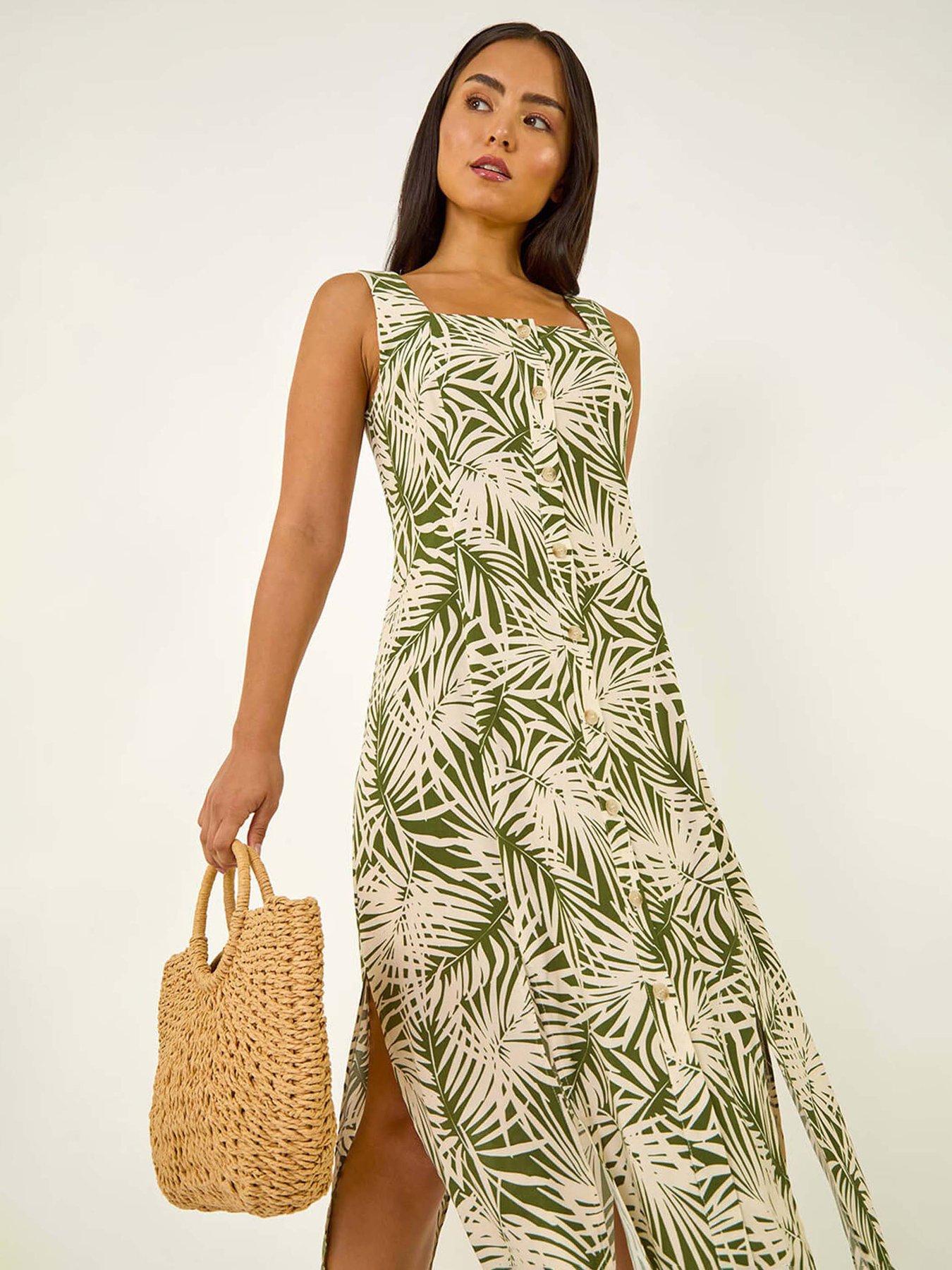 Image 3 of 5 of Roman Petite Leaf Print Button Midi Dress - Green