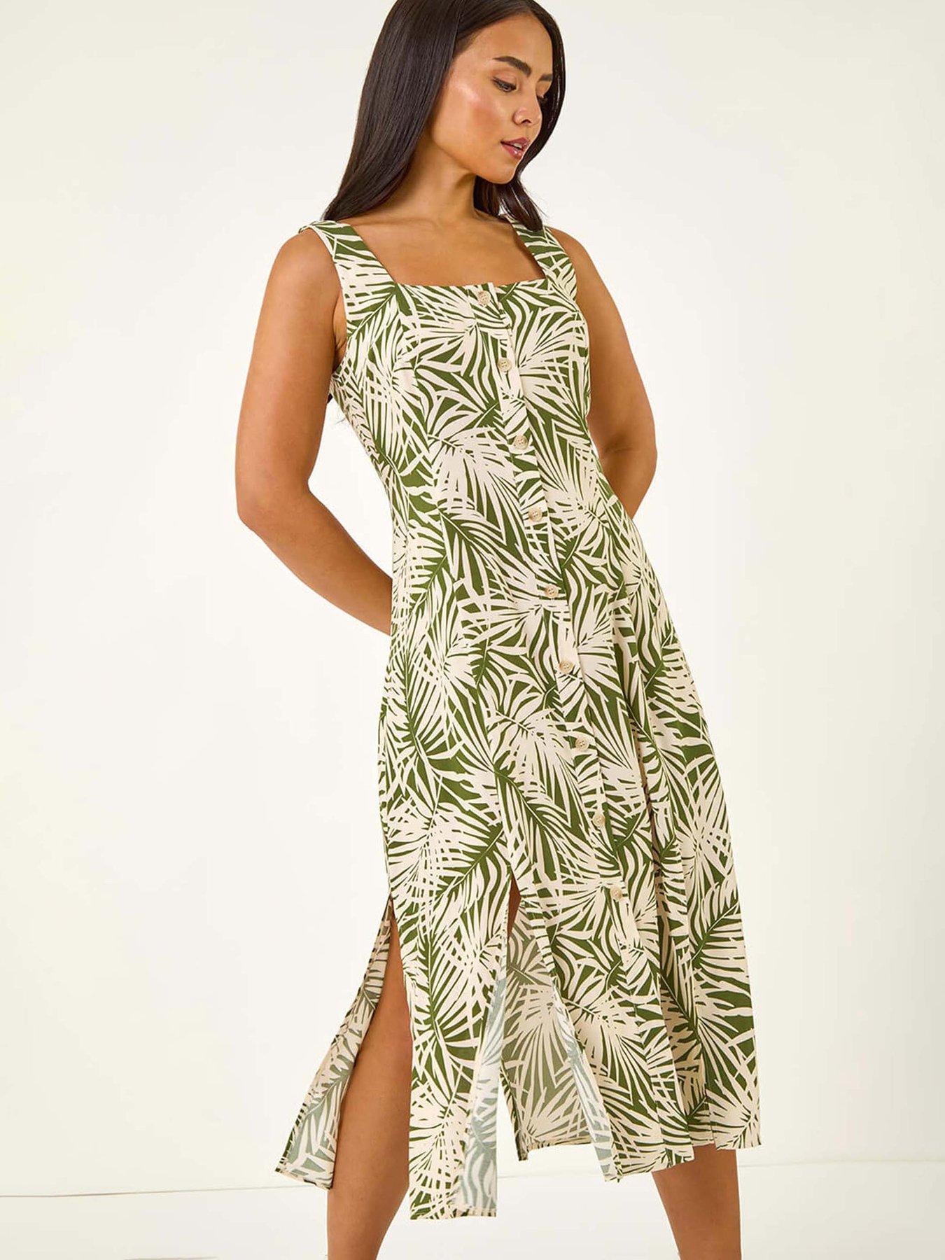 Image 4 of 5 of Roman Petite Leaf Print Button Midi Dress - Green