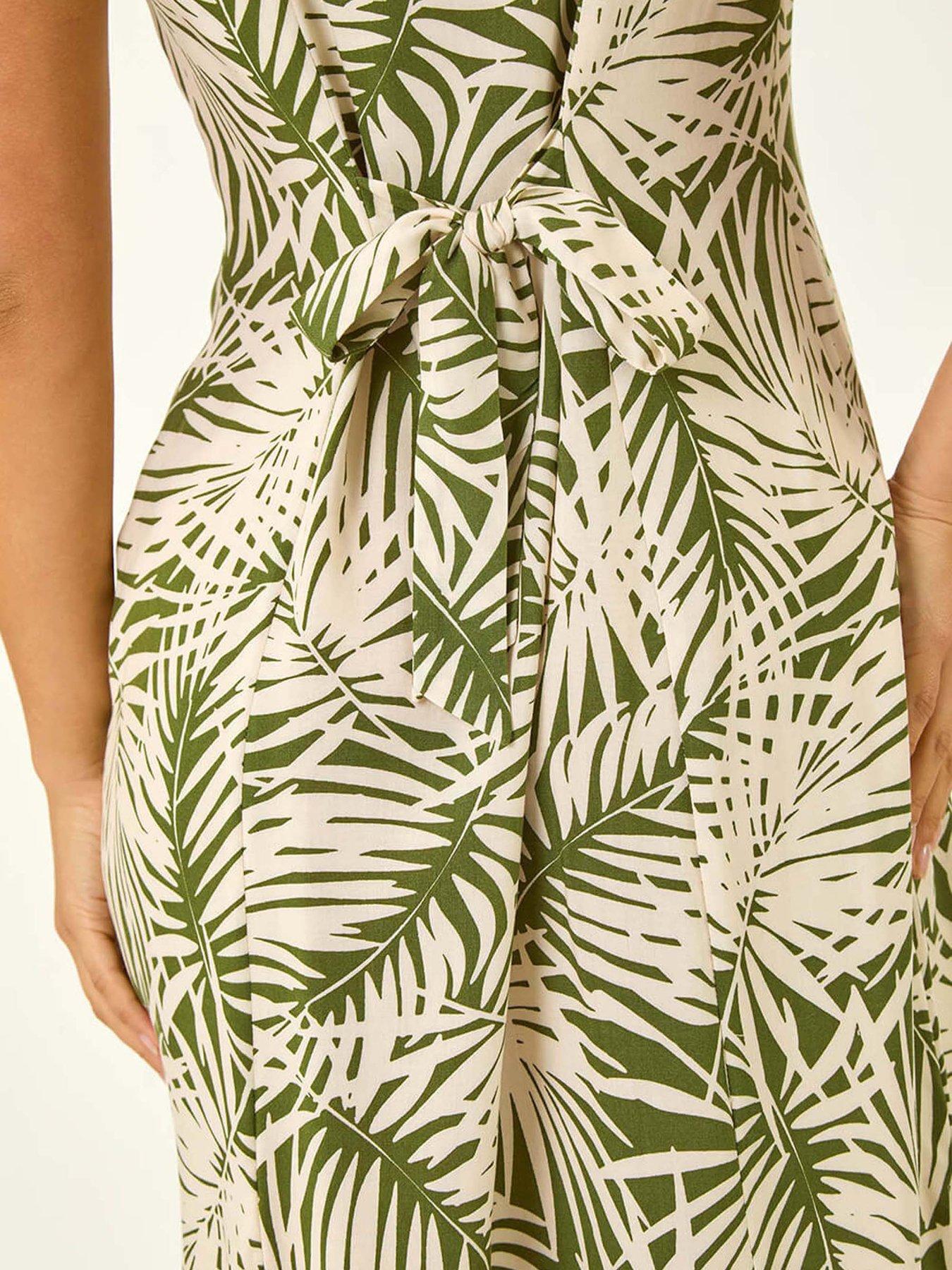 Image 5 of 5 of Roman Petite Leaf Print Button Midi Dress - Green