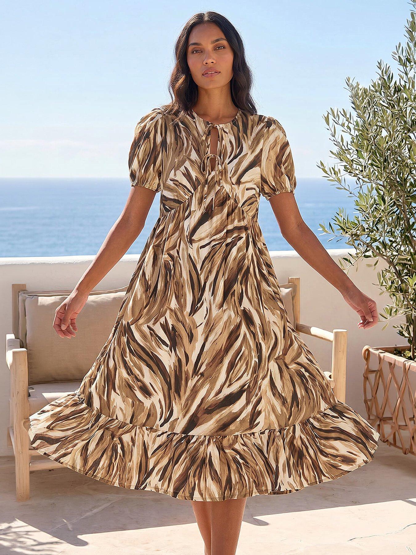 Roman Abstract Print Tie Front Smock Dress, Beige, Size 20, Women