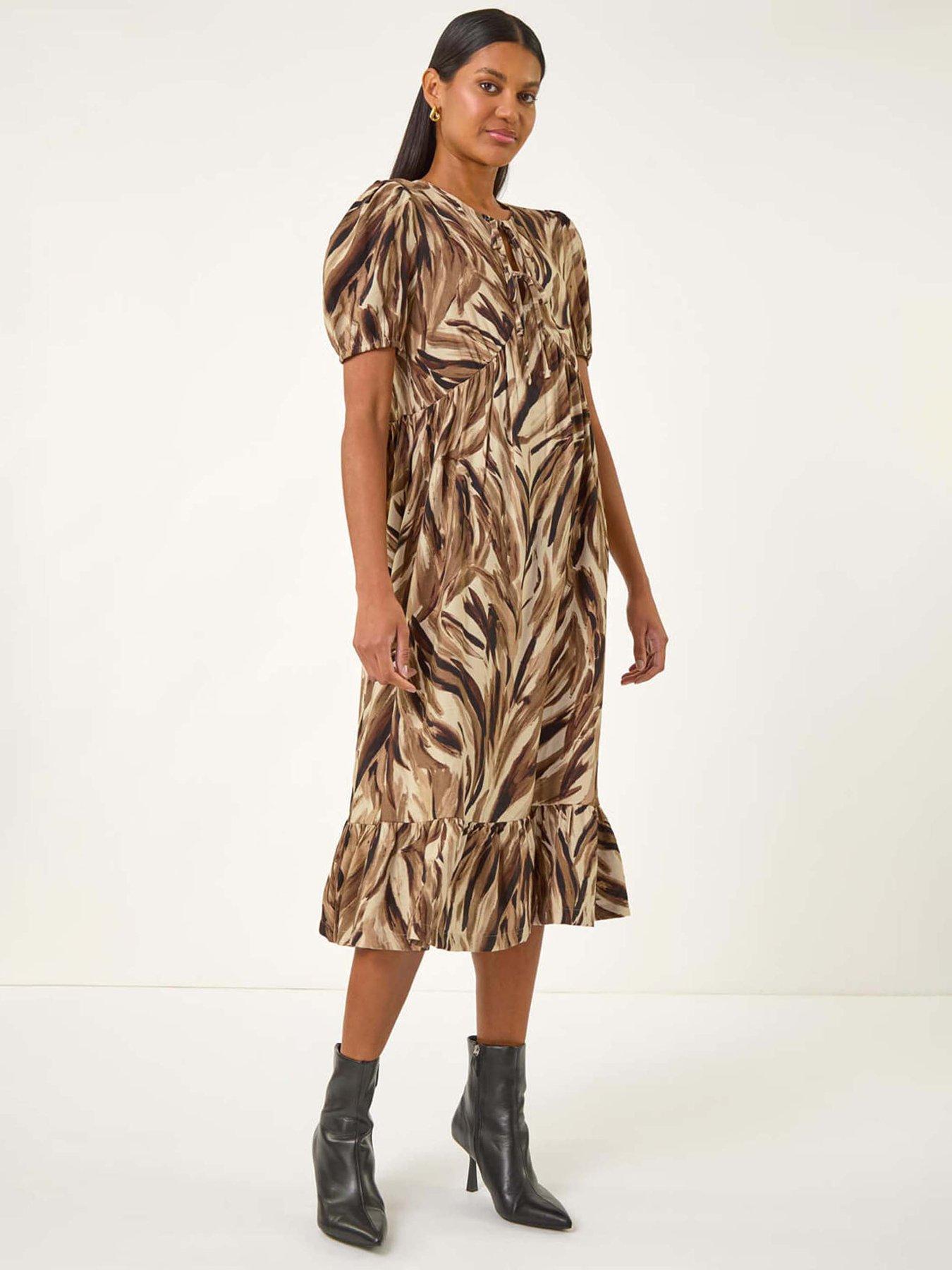 undefined Abstract Print Tie Front Smock Dress - Beige