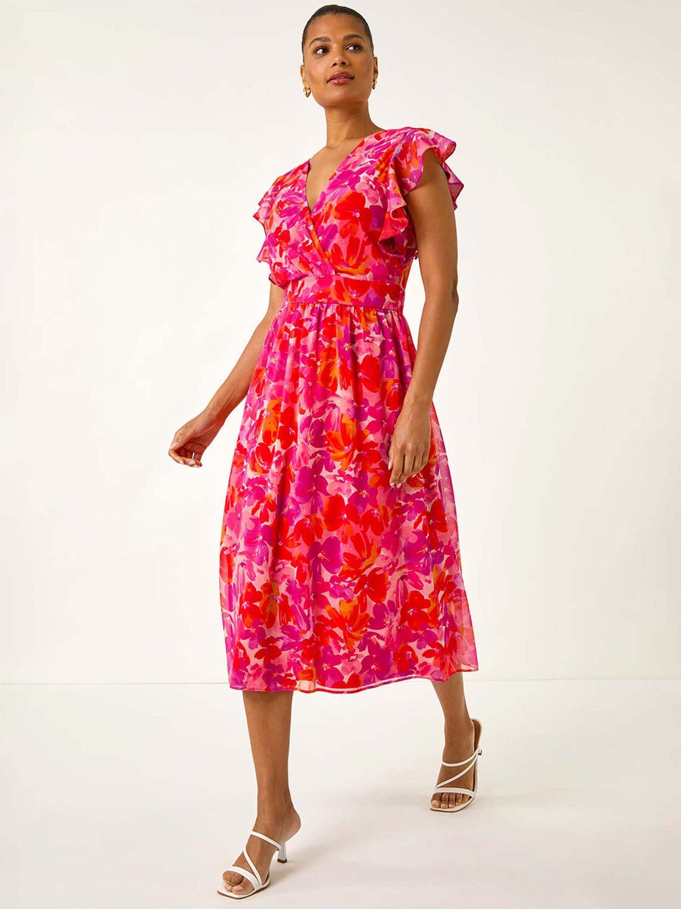 undefined Floral Bias Midi Dress - Orange