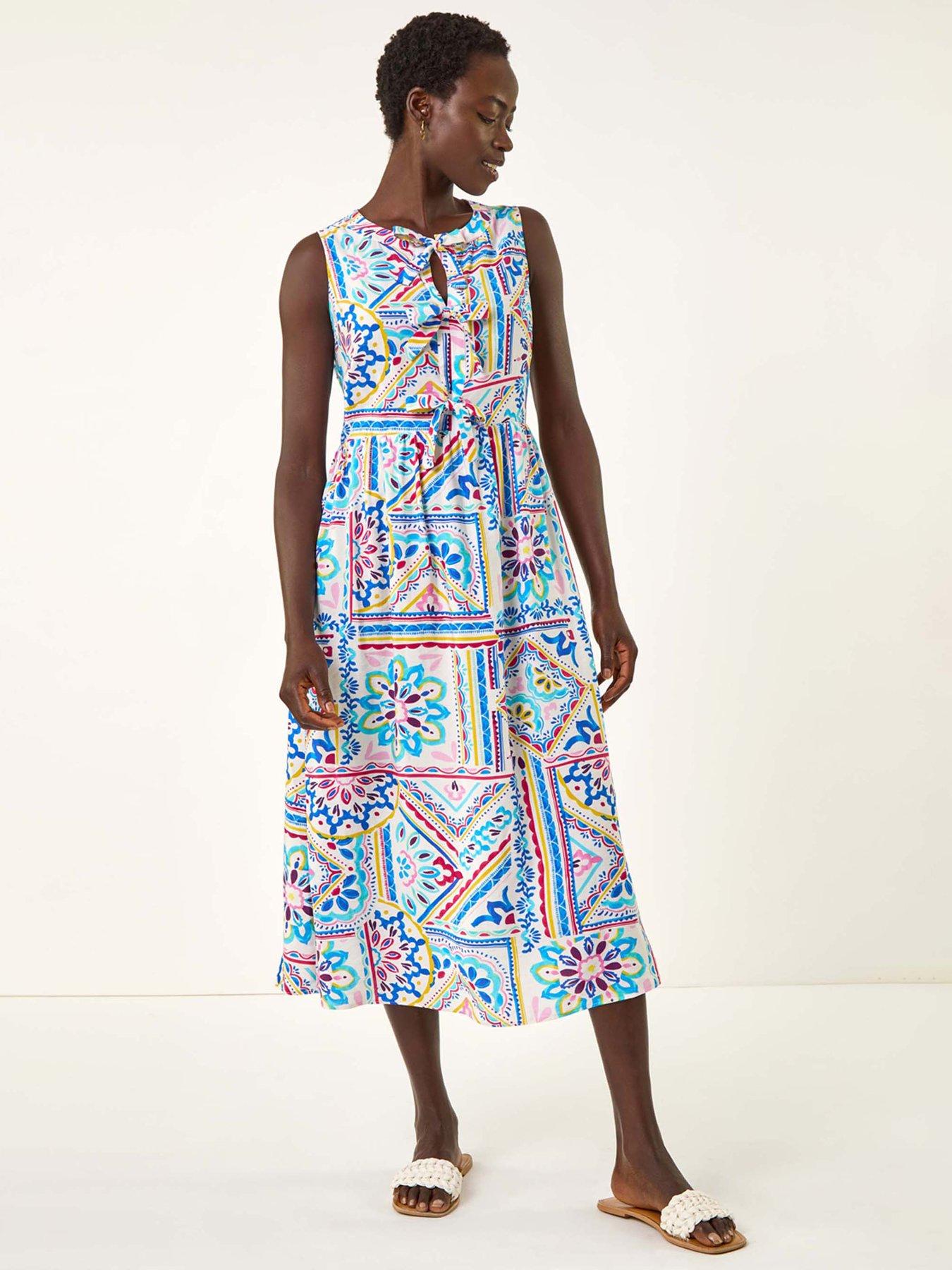 undefined Tile Print Bow Front Midi Dress - Blue