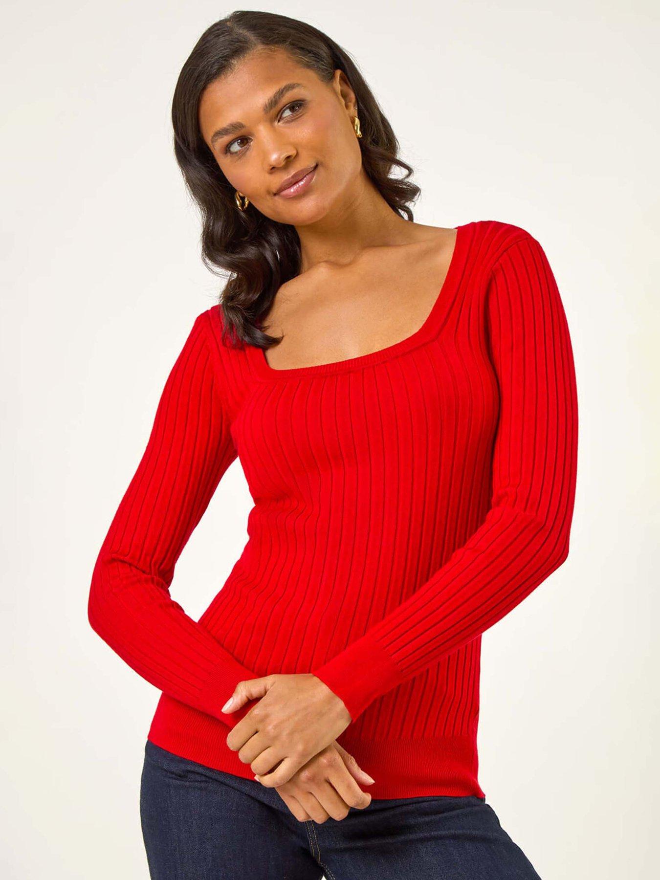 Roman Square Neck Ribbed Knit Jumper - Red
