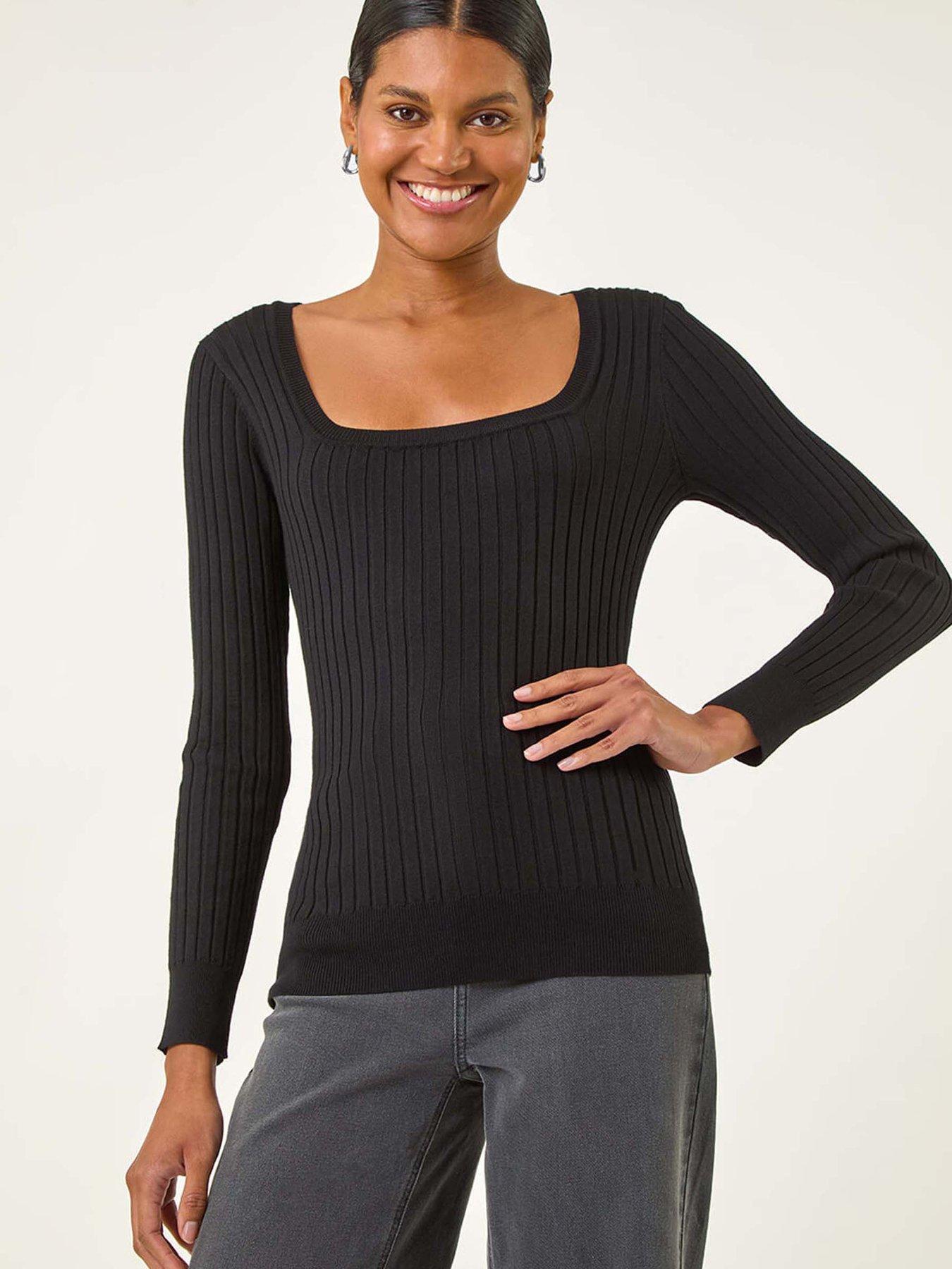 Roman Square Neck Ribbed Knit Jumper - Black