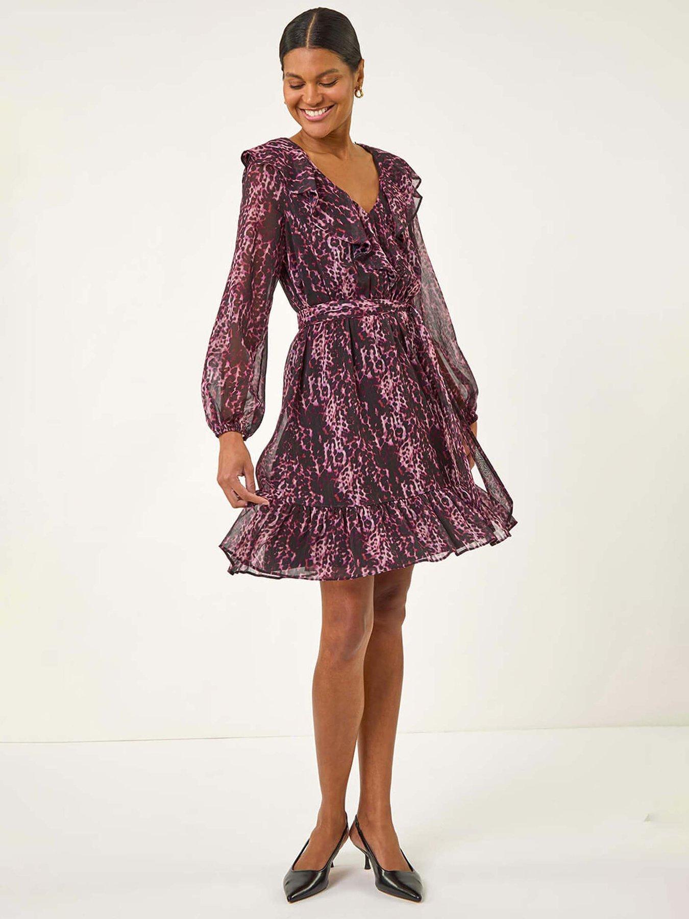 undefined Animal Print Frill V-Neck Dress - Pink