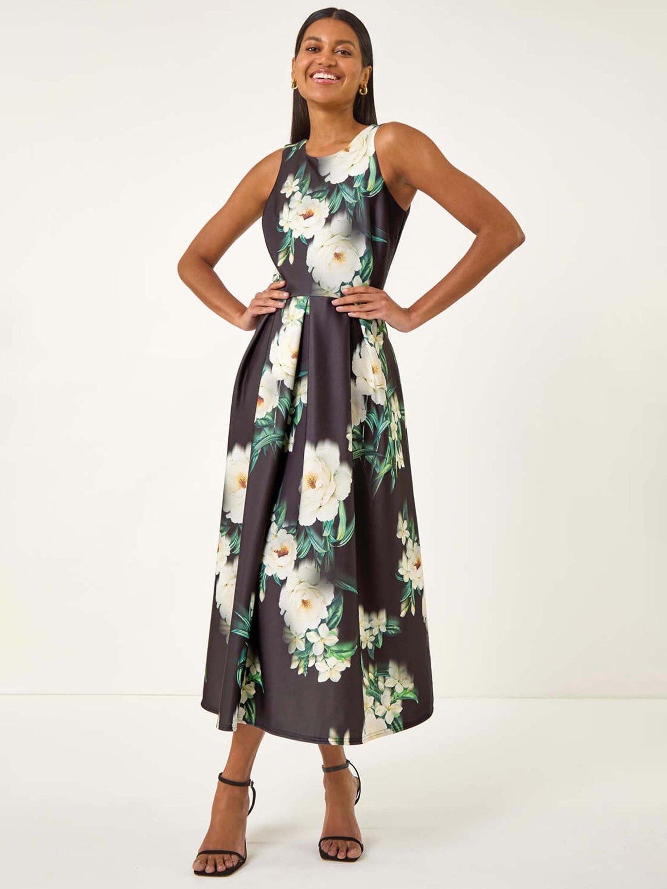 undefined Floral Motif Premium Stretch Midi Dress - Black