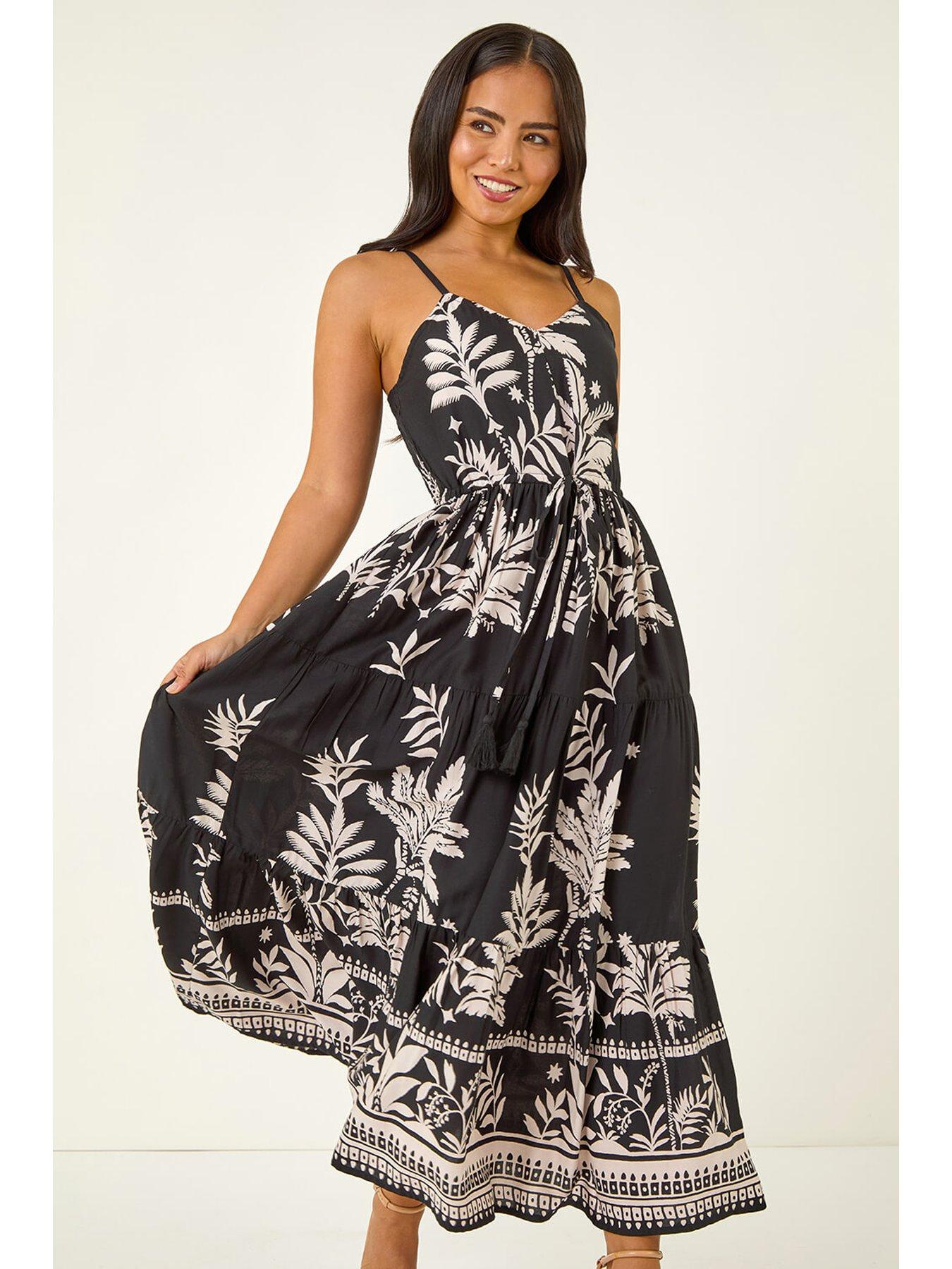 Roman Petite Leaf Print Strap Maxi Dress - Black
