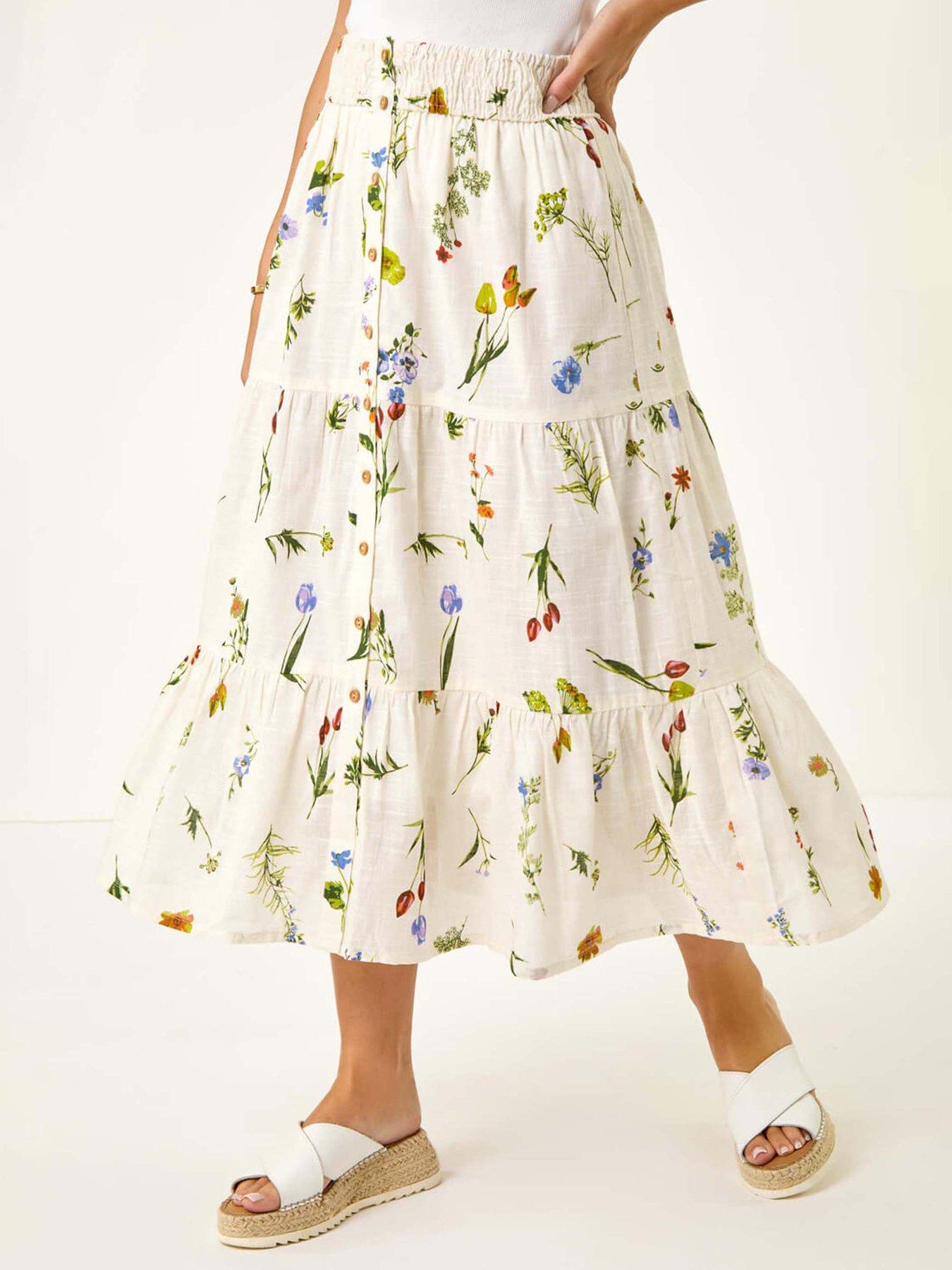 Roman Petite Floral Print Shirred Midi Skirt - White