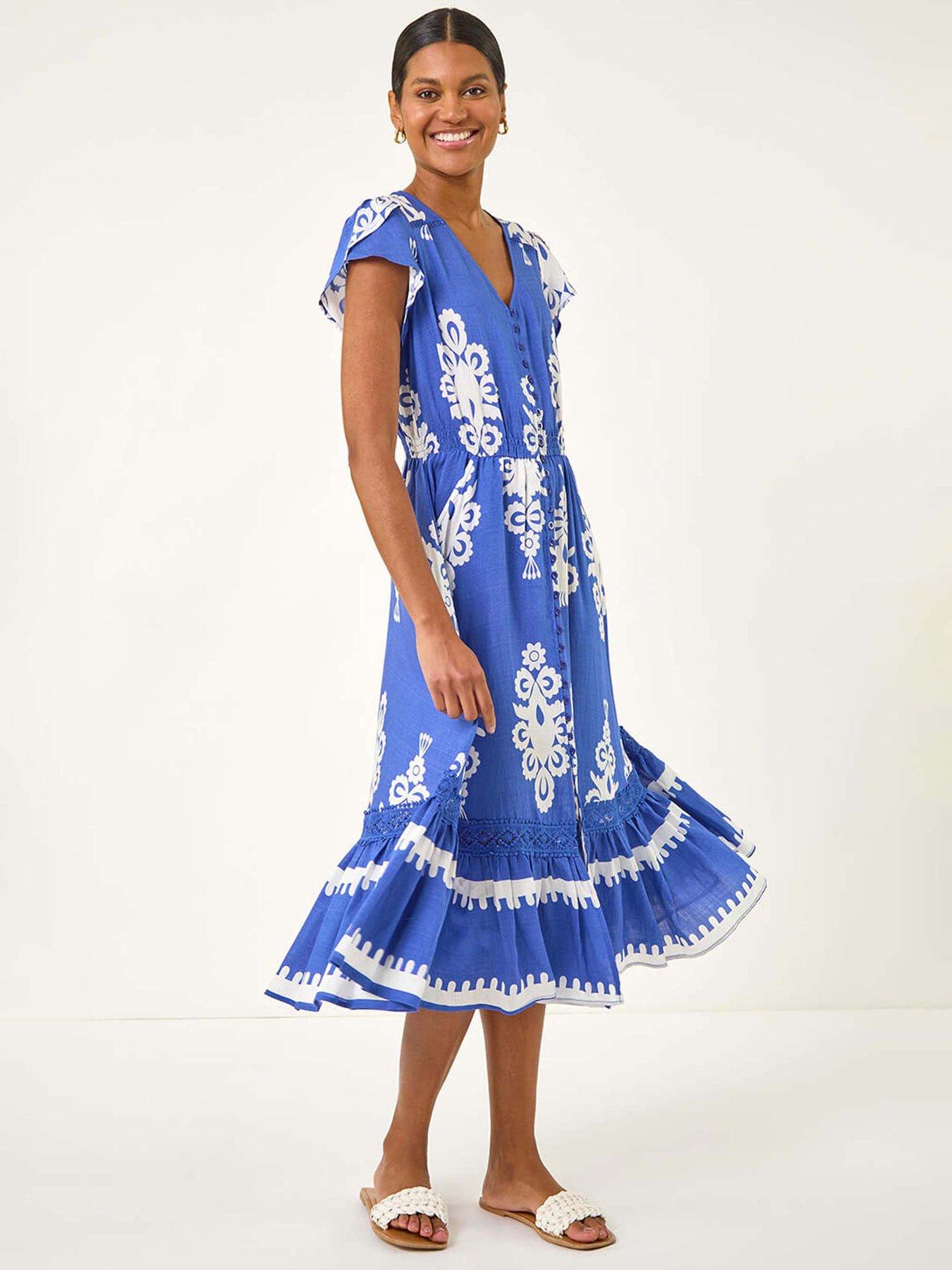 Roman Paisley Print Buttoned Midi Dress - Blue