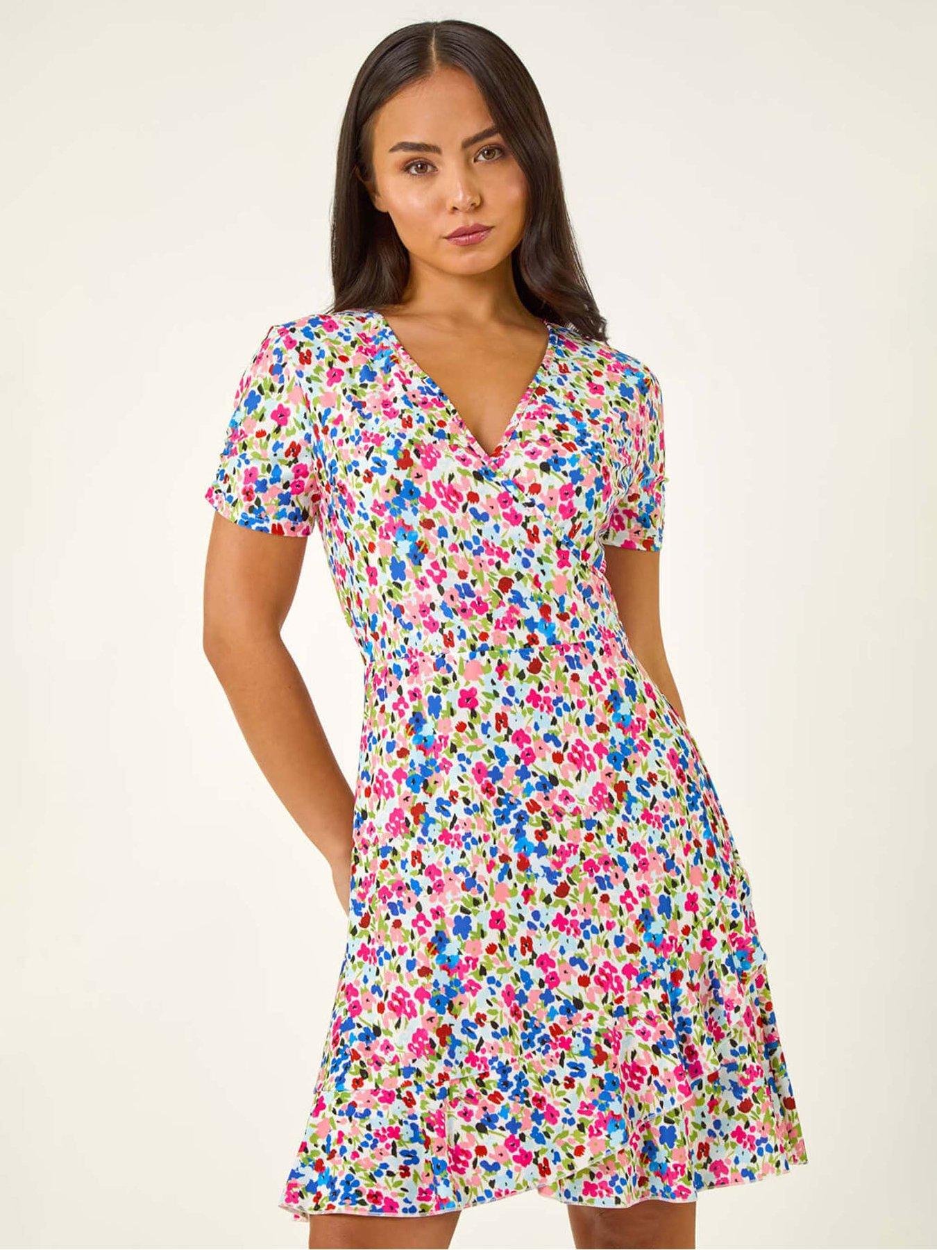 Roman Petite Floral Frill Wrap Dress - Blue