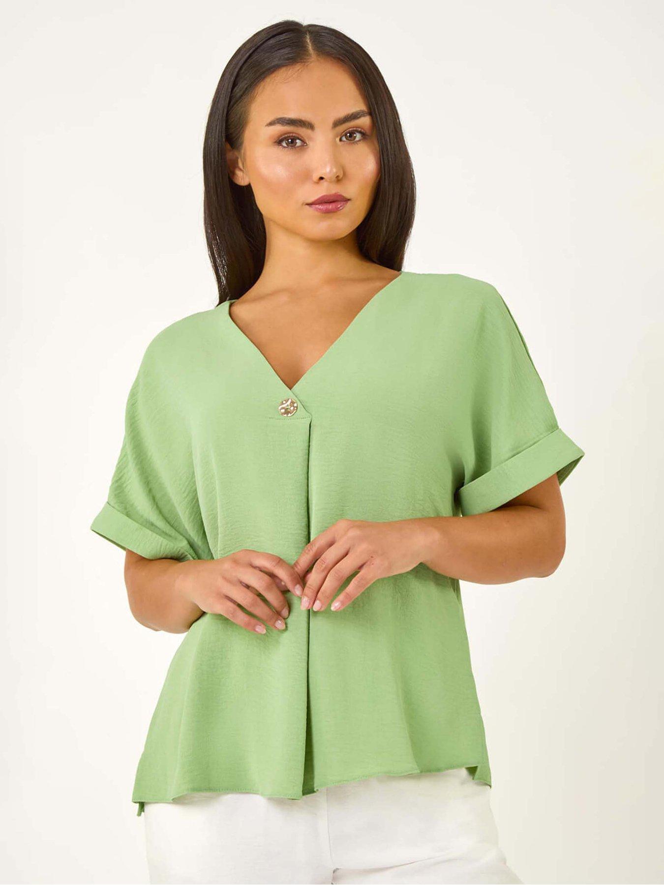 Roman Petite One Buttoned V-Neck Top - Green