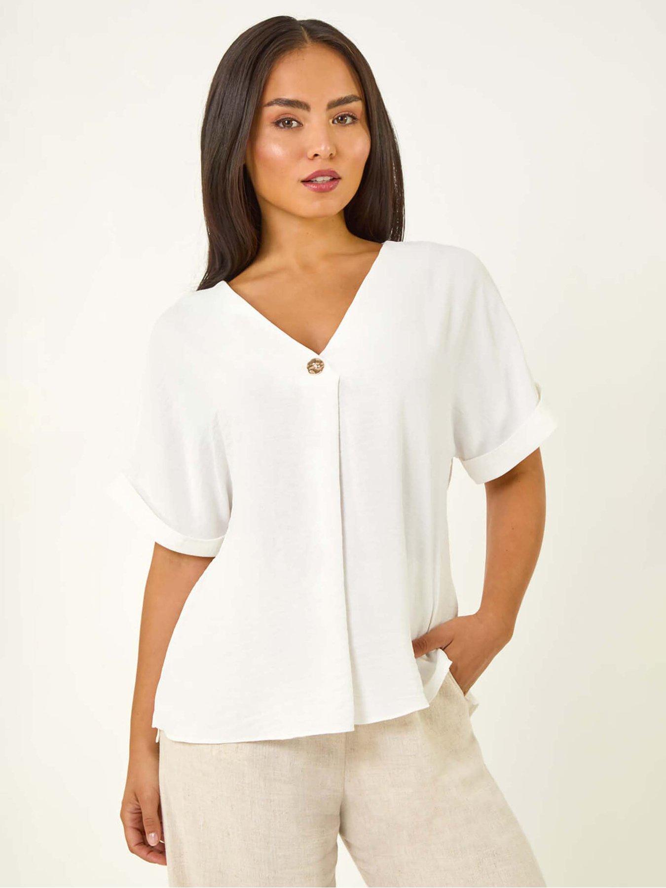 Image 1 of 5 of Roman Petite One Buttoned V-Neck Top - White