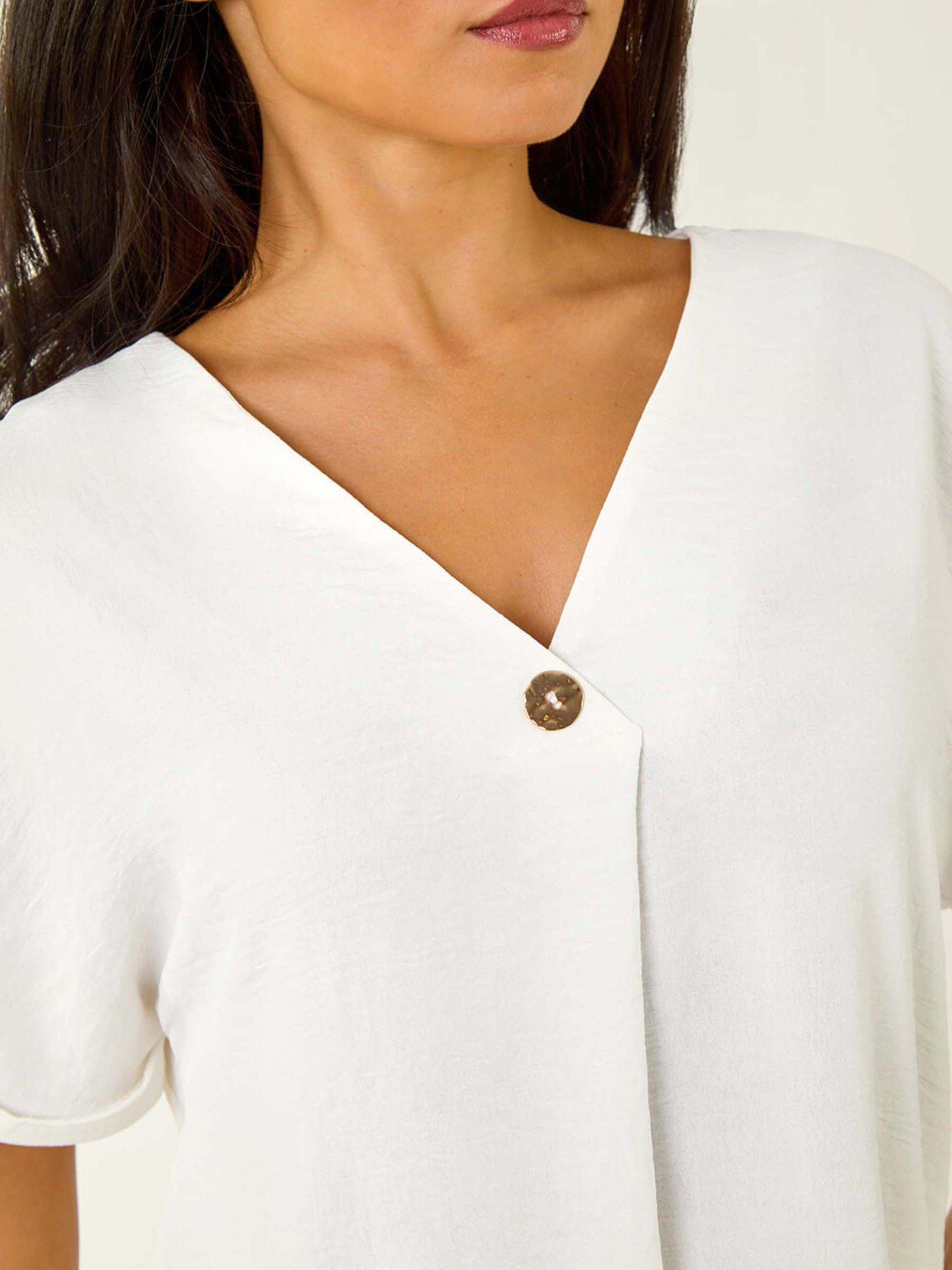 Image 4 of 5 of Roman Petite One Buttoned V-Neck Top - White