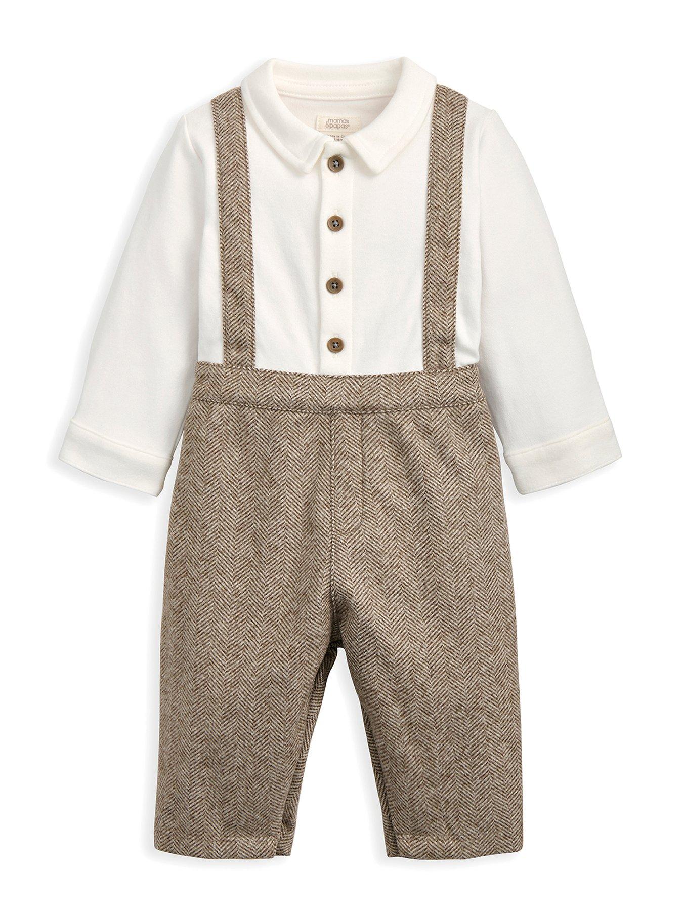 undefined Baby Boys Herringbone Mock Shirt & Braces Romper - Beige