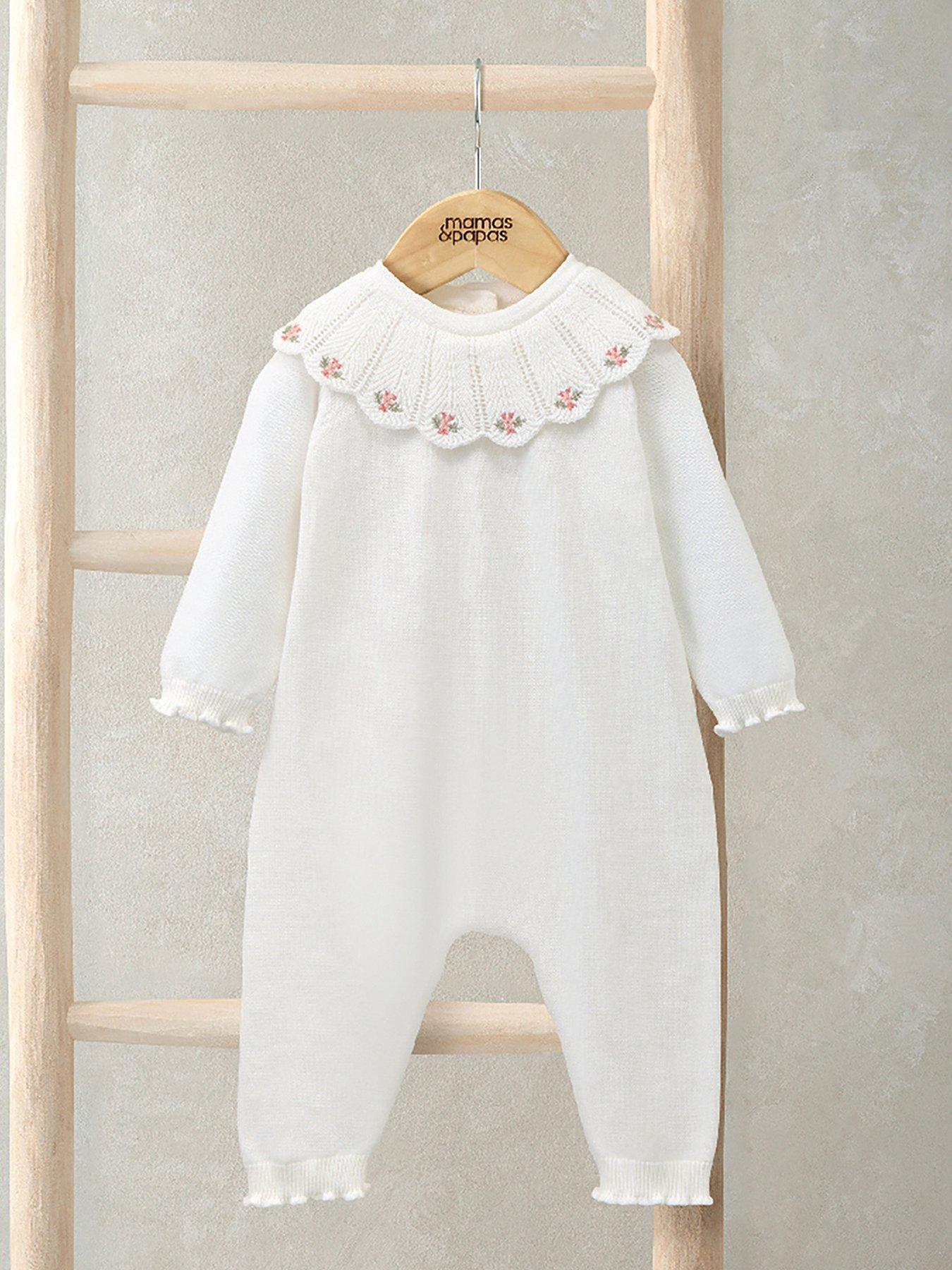 undefined Baby Girls Knitted Embroidered Scallop Collar Romper With Frill Trim - White